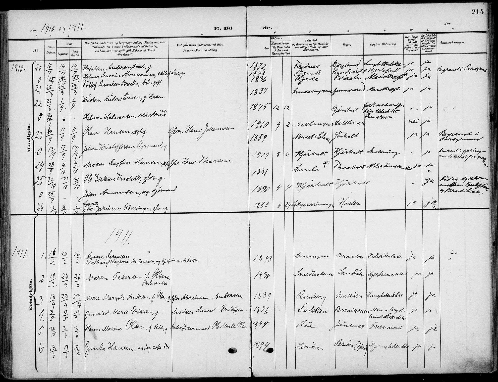 Eidanger kirkebøker, AV/SAKO-A-261/F/Fa/L0013: Parish register (official) no. 13, 1900-1913, p. 214