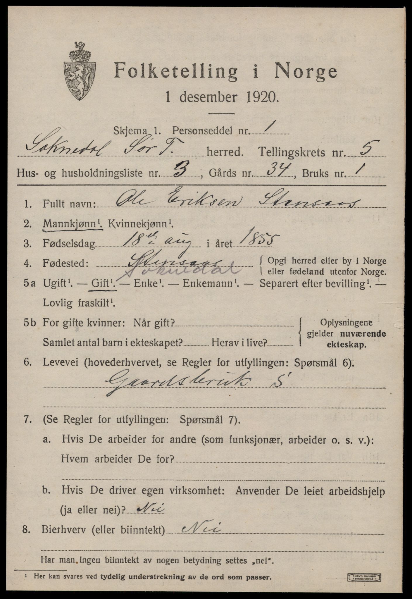 SAT, 1920 census for Soknedal, 1920, p. 2684