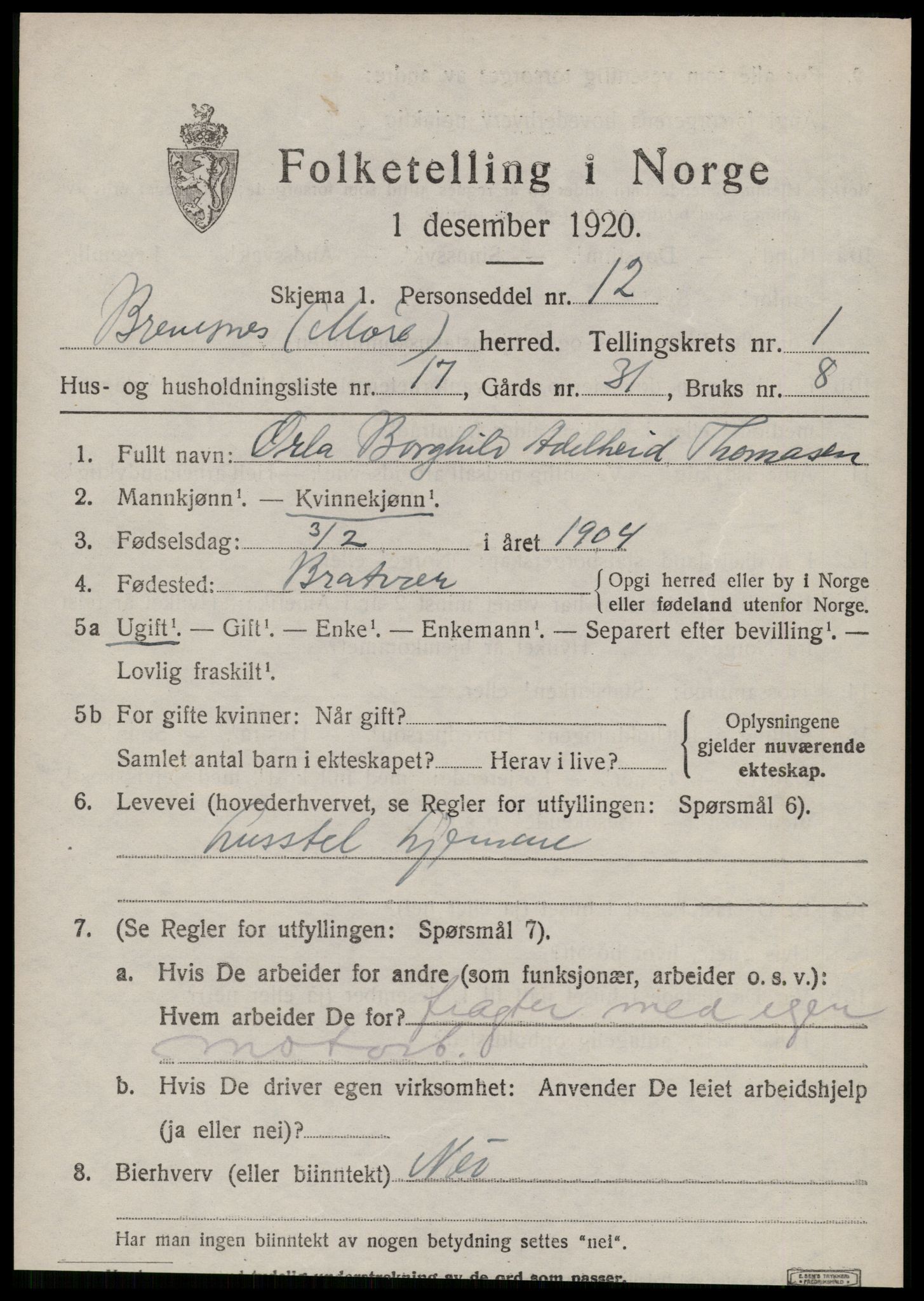SAT, 1920 census for Bremsnes, 1920, p. 1713