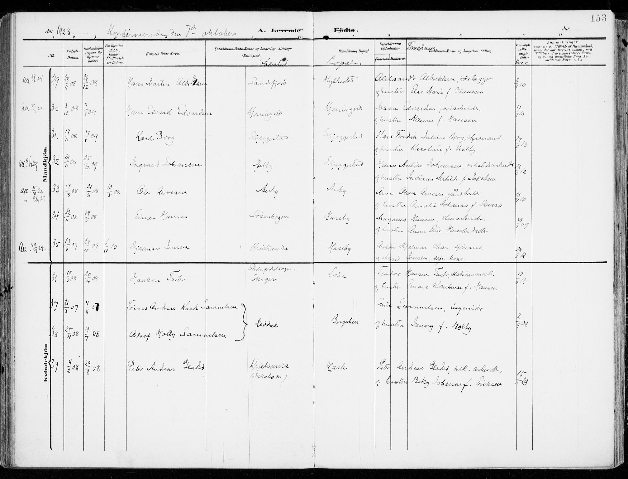 Tjølling kirkebøker, AV/SAKO-A-60/F/Fa/L0010: Parish register (official) no. 10, 1906-1923, p. 153