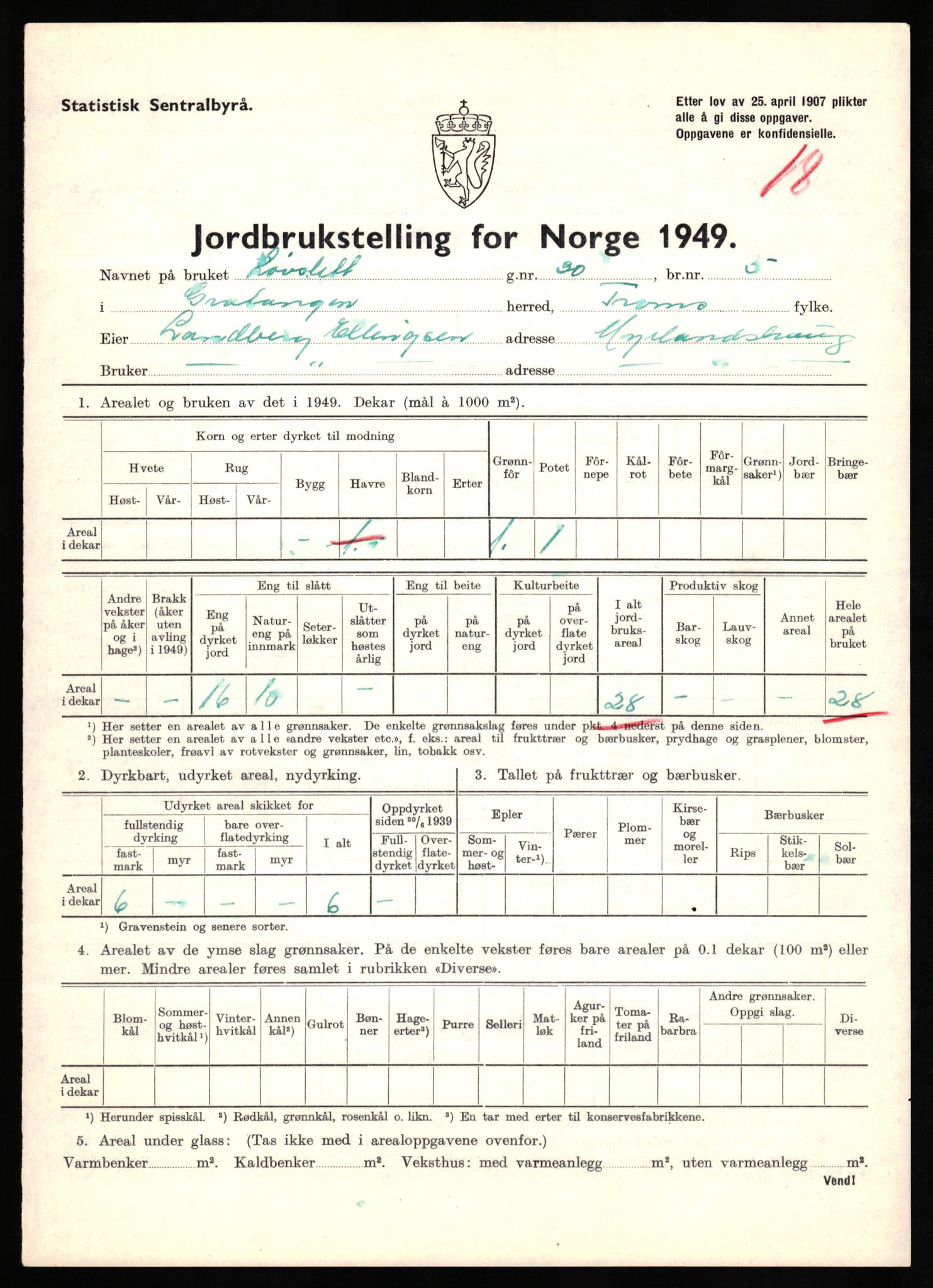 Statistisk sentralbyrå, Næringsøkonomiske emner, Jordbruk, skogbruk, jakt, fiske og fangst, AV/RA-S-2234/G/Gc/L0437: Troms: Gratangen og Lavangen, 1949, p. 1124