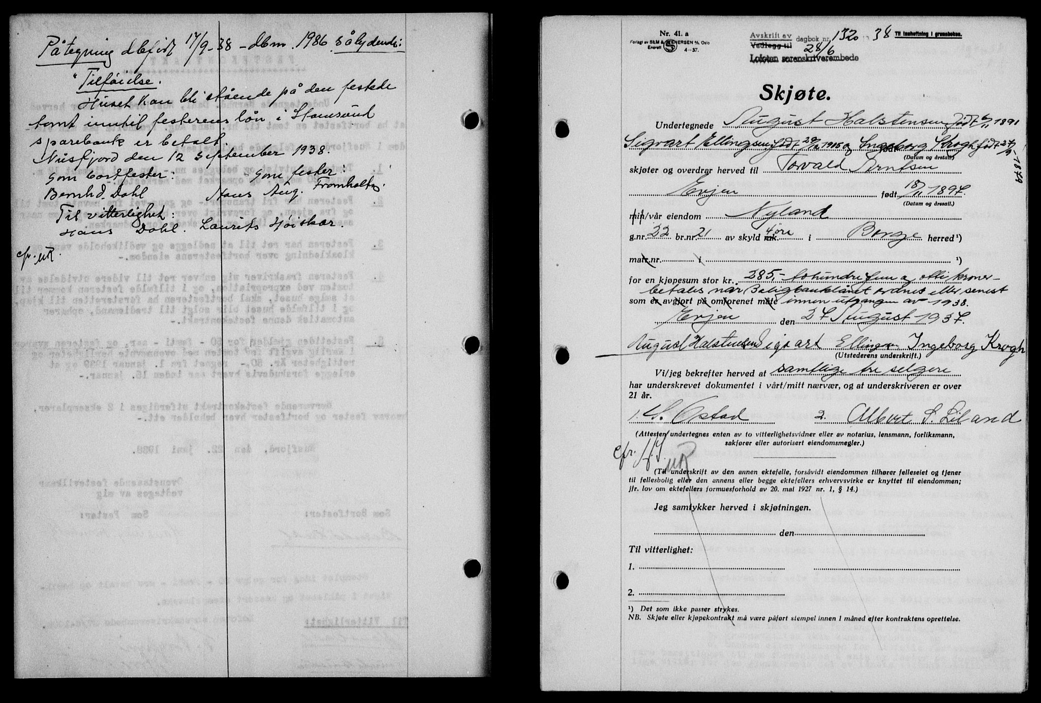 Lofoten sorenskriveri, SAT/A-0017/1/2/2C/L0004a: Mortgage book no. 4a, 1938-1938, Diary no: : 1320/1938