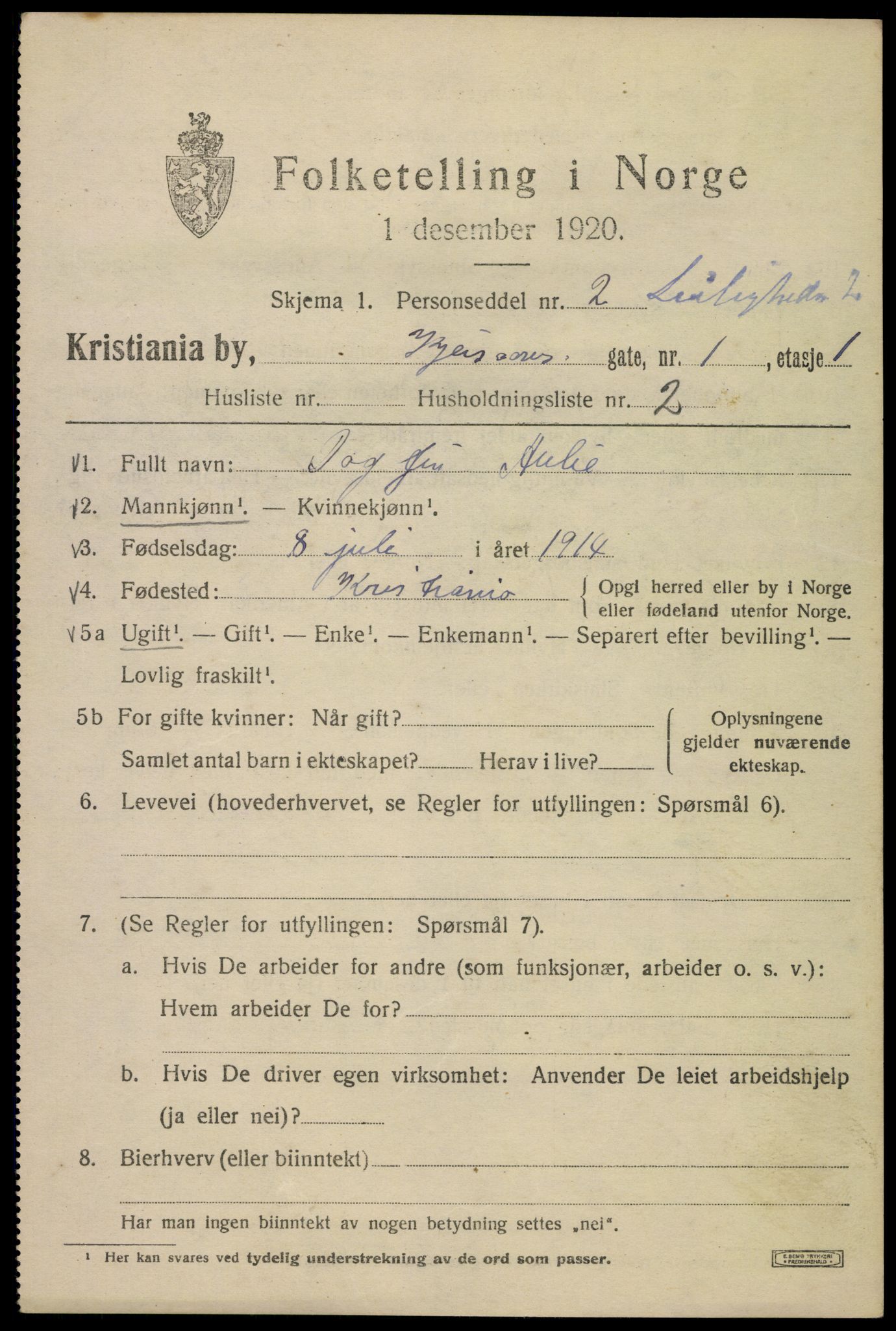 SAO, 1920 census for Kristiania, 1920, p. 340391