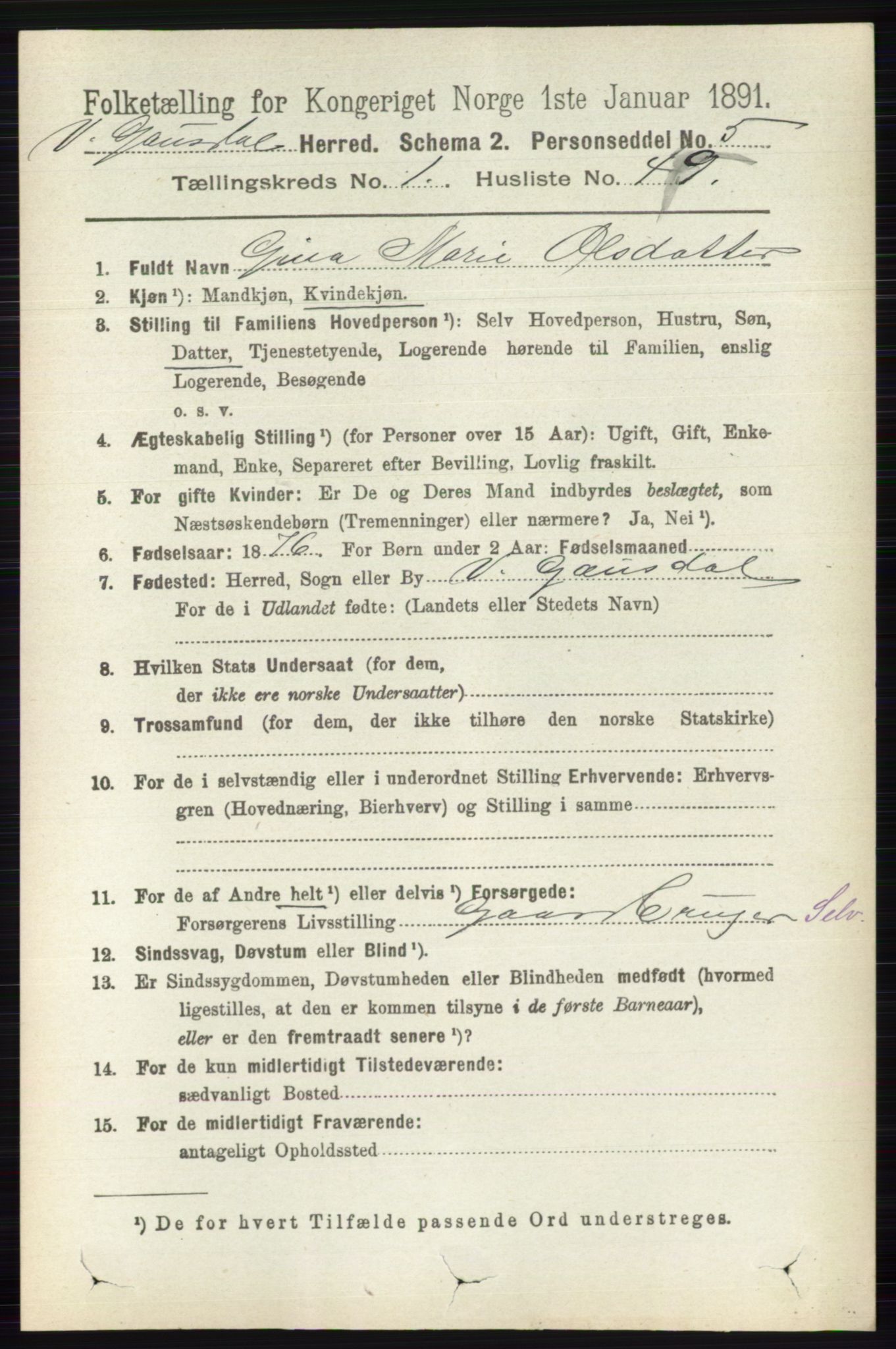 RA, 1891 census for 0523 Vestre Gausdal, 1891, p. 350
