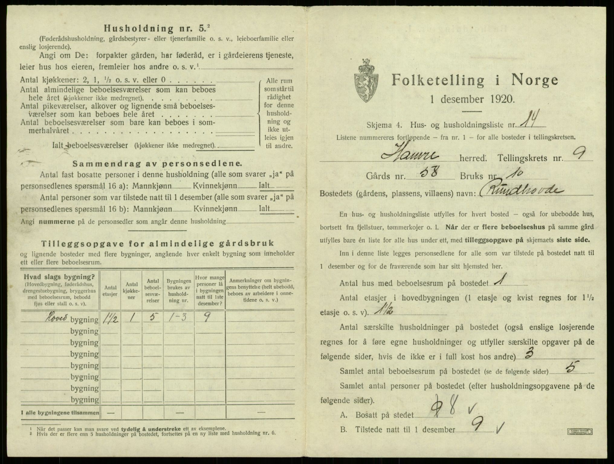 SAB, 1920 census for Hamre, 1920, p. 738