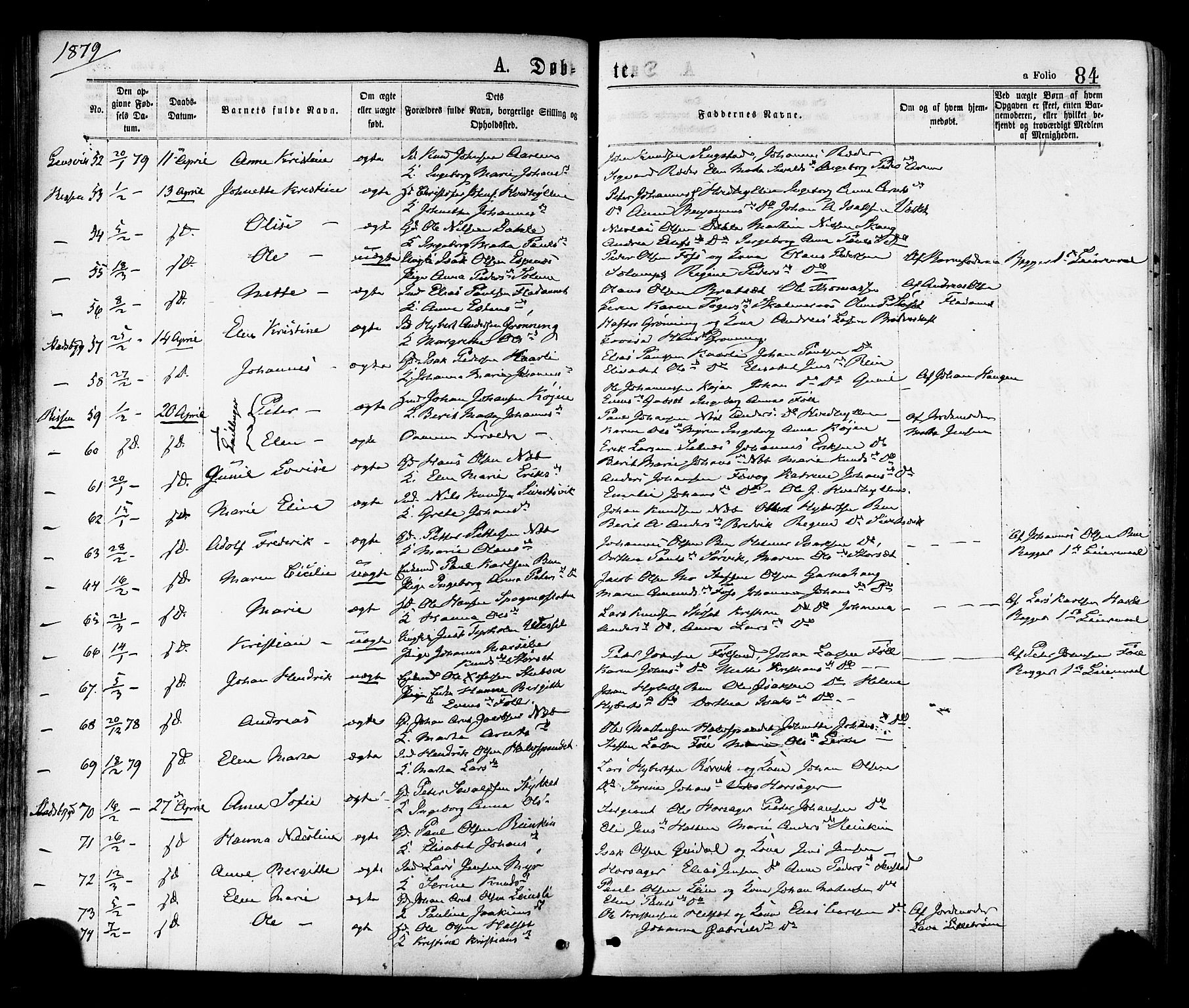 Ministerialprotokoller, klokkerbøker og fødselsregistre - Sør-Trøndelag, SAT/A-1456/646/L0613: Parish register (official) no. 646A11, 1870-1884, p. 84