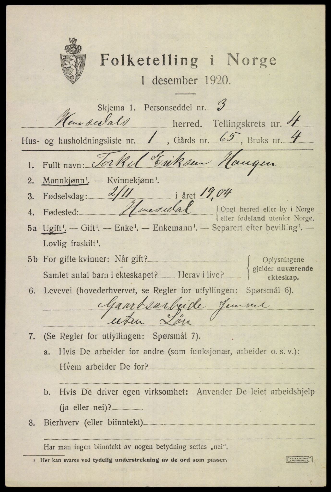 SAKO, 1920 census for Hemsedal, 1920, p. 1458