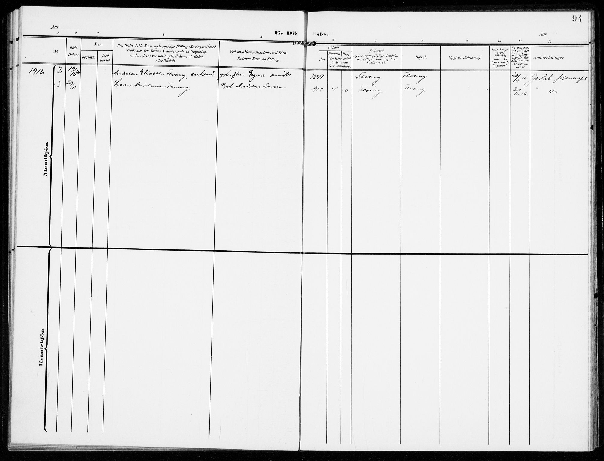Sandar kirkebøker, SAKO/A-243/F/Fa/L0019: Parish register (official) no. 19, 1908-1914, p. 94