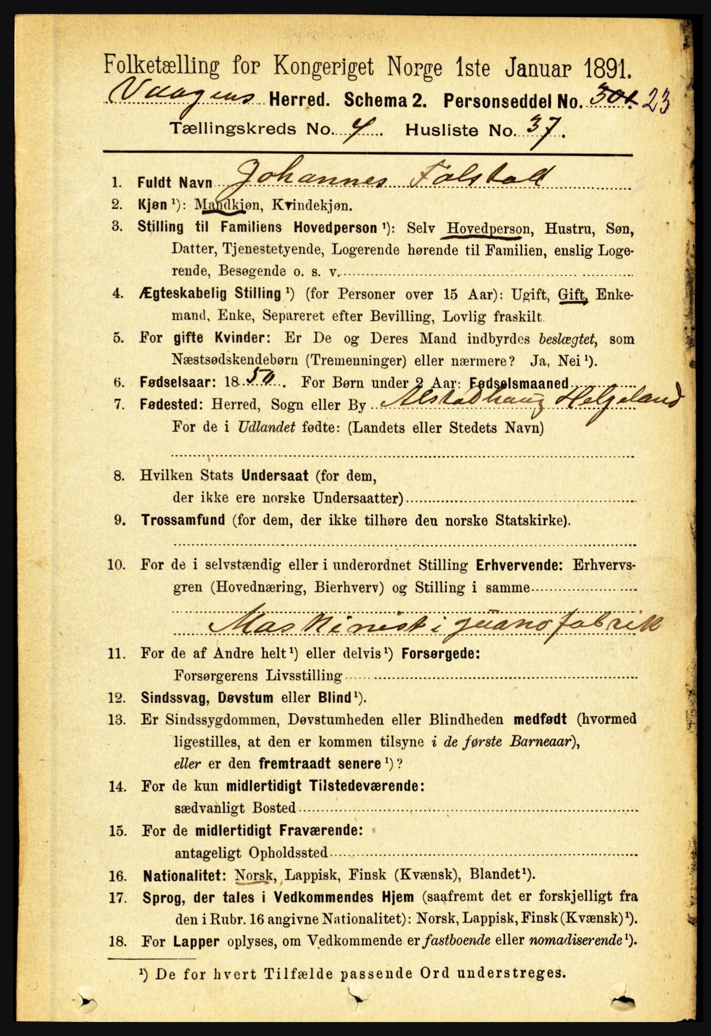 RA, 1891 census for 1865 Vågan, 1891, p. 1241