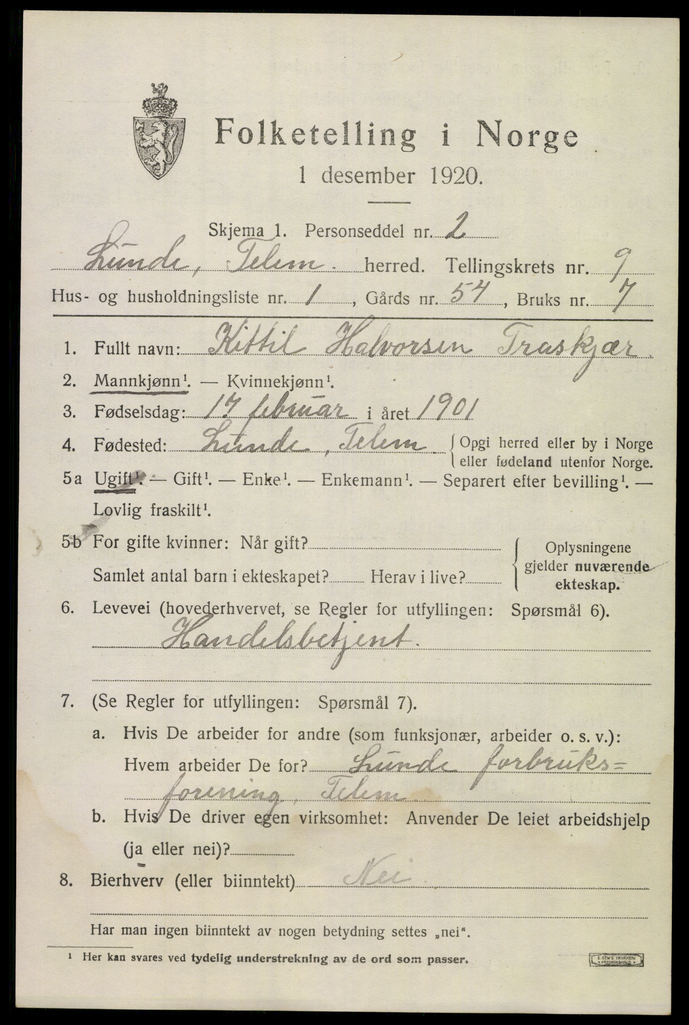 SAKO, 1920 census for Lunde, 1920, p. 5429