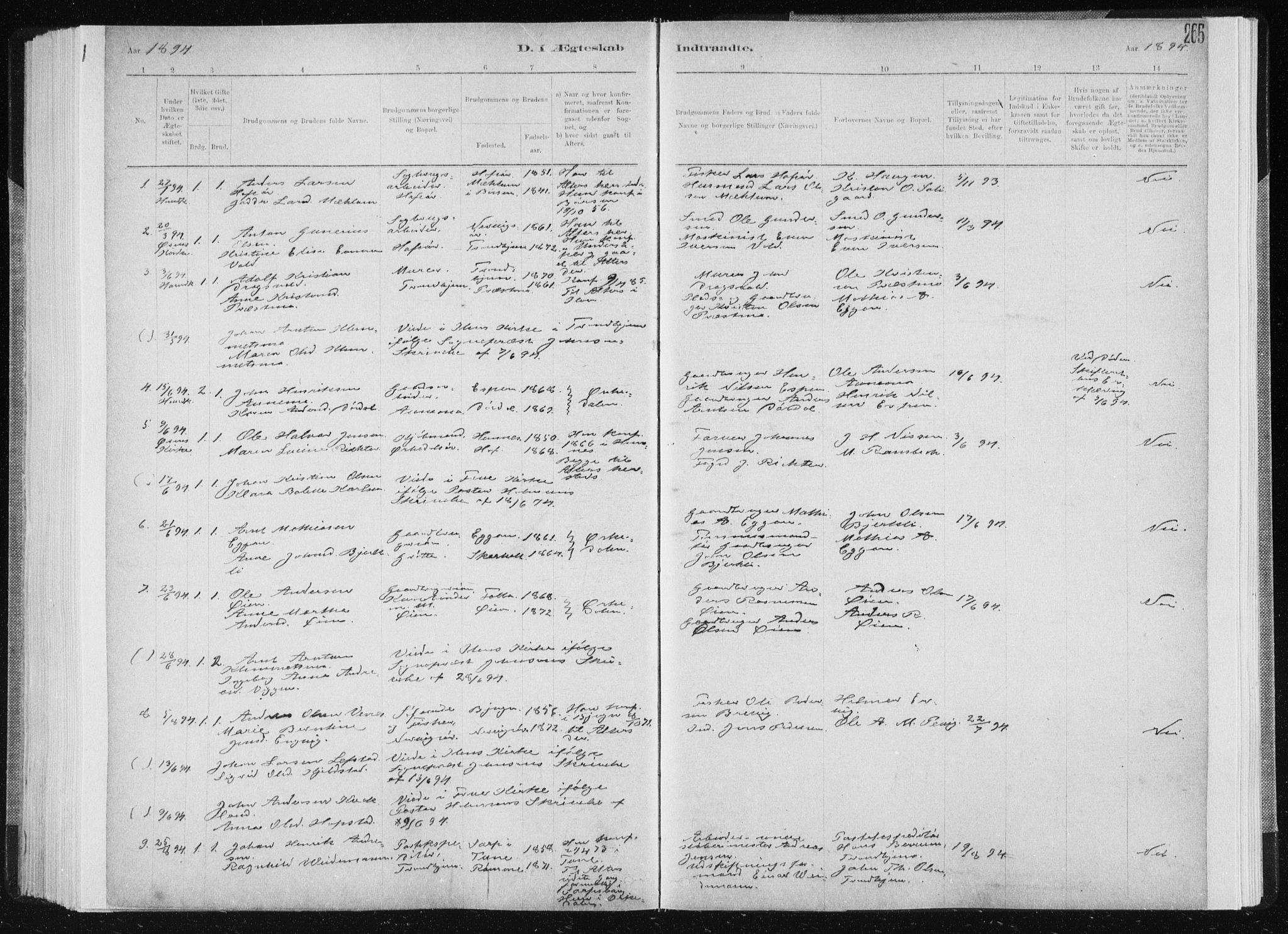 Ministerialprotokoller, klokkerbøker og fødselsregistre - Sør-Trøndelag, SAT/A-1456/668/L0818: Parish register (copy) no. 668C07, 1885-1898, p. 265