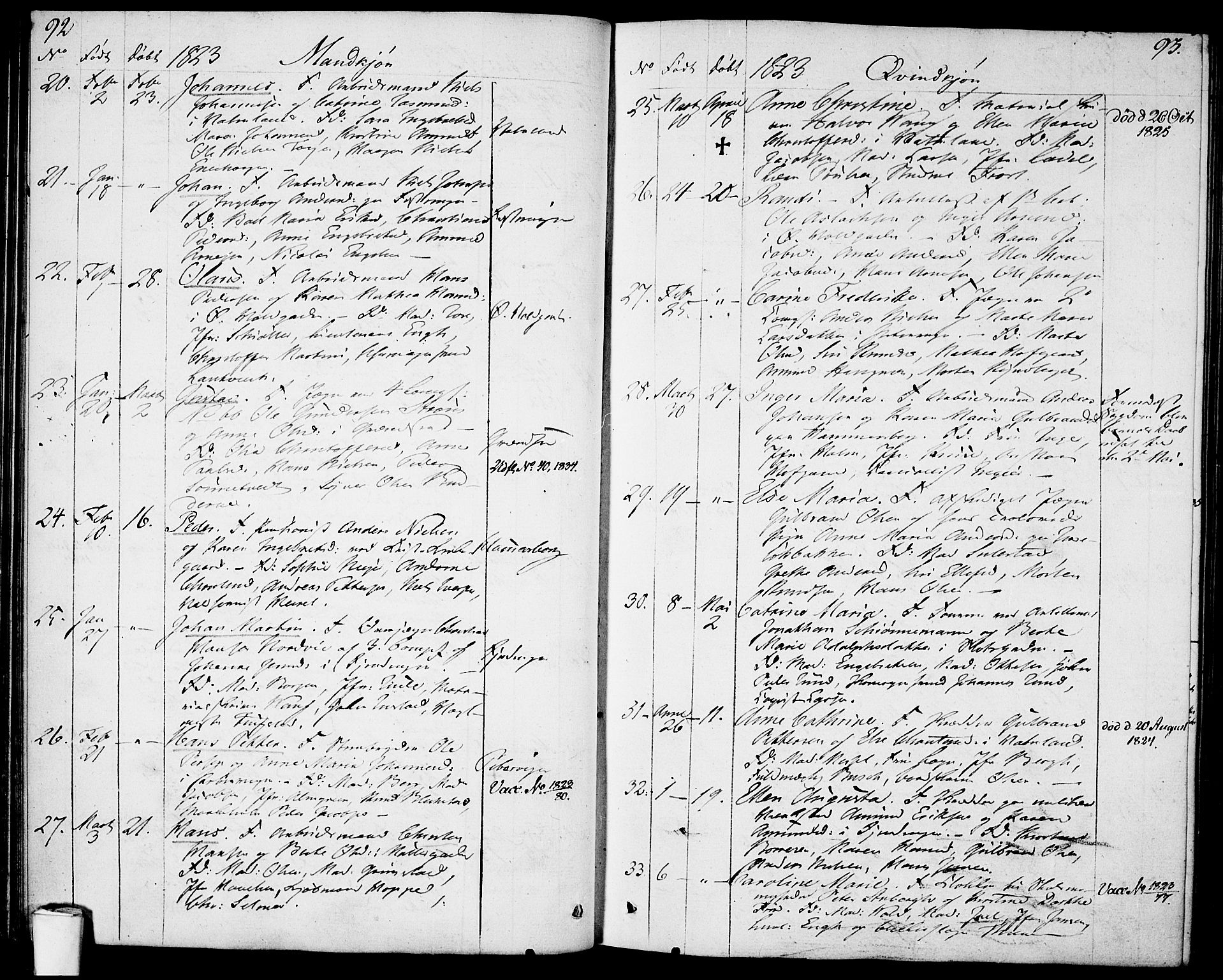 Garnisonsmenigheten Kirkebøker, AV/SAO-A-10846/F/Fa/L0004: Parish register (official) no. 4, 1820-1828, p. 92-93