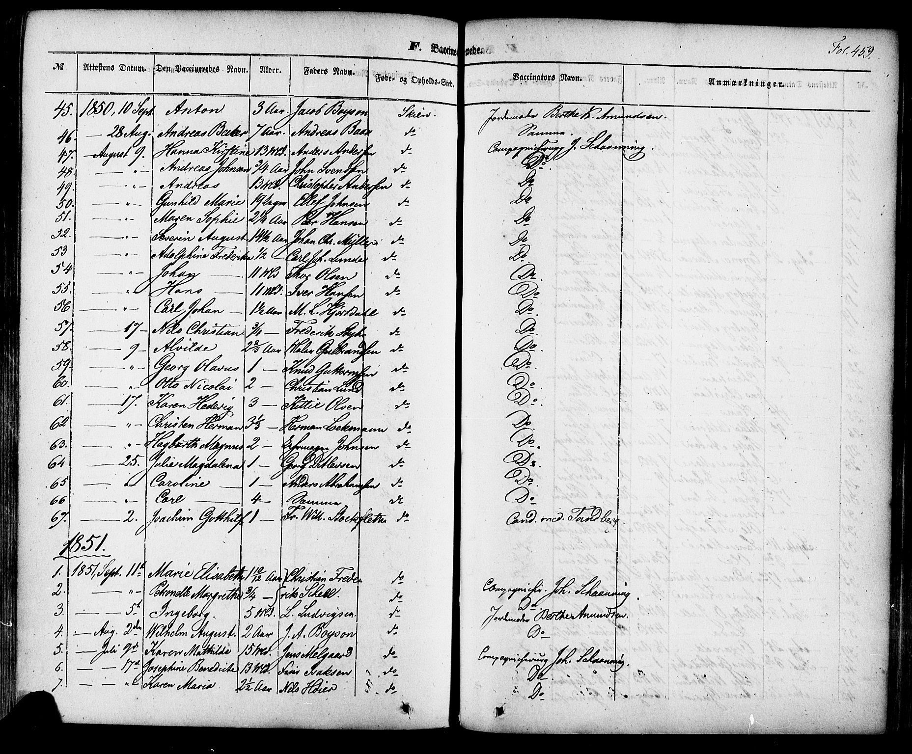 Skien kirkebøker, SAKO/A-302/F/Fa/L0006a: Parish register (official) no. 6A, 1843-1856, p. 459