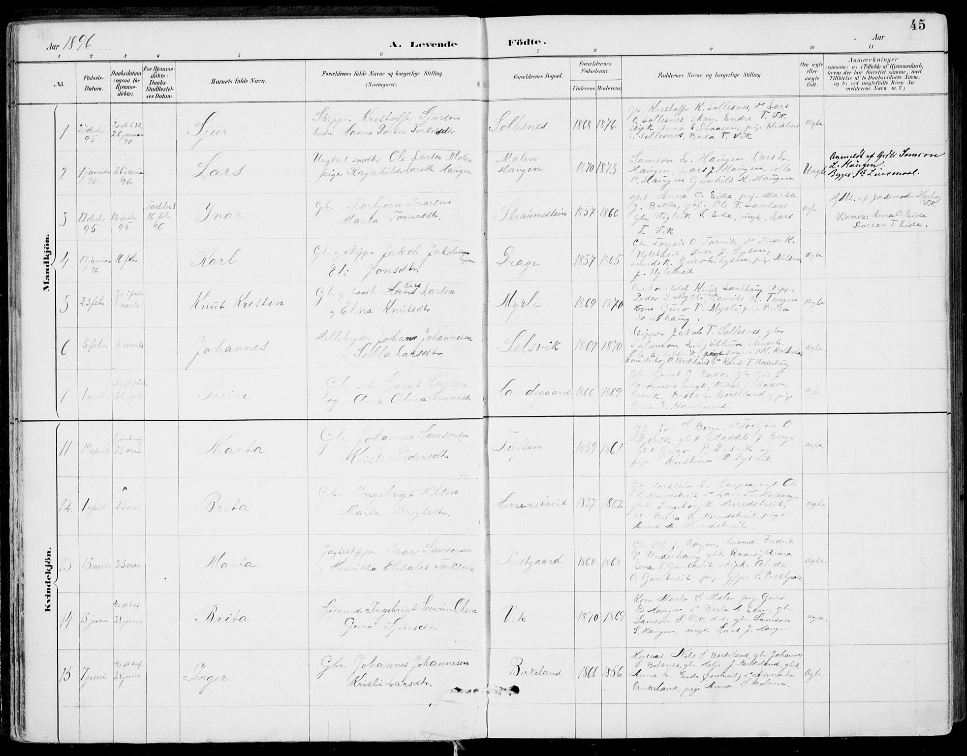 Strandebarm sokneprestembete, AV/SAB-A-78401/H/Haa: Parish register (official) no. E  1, 1886-1908, p. 45