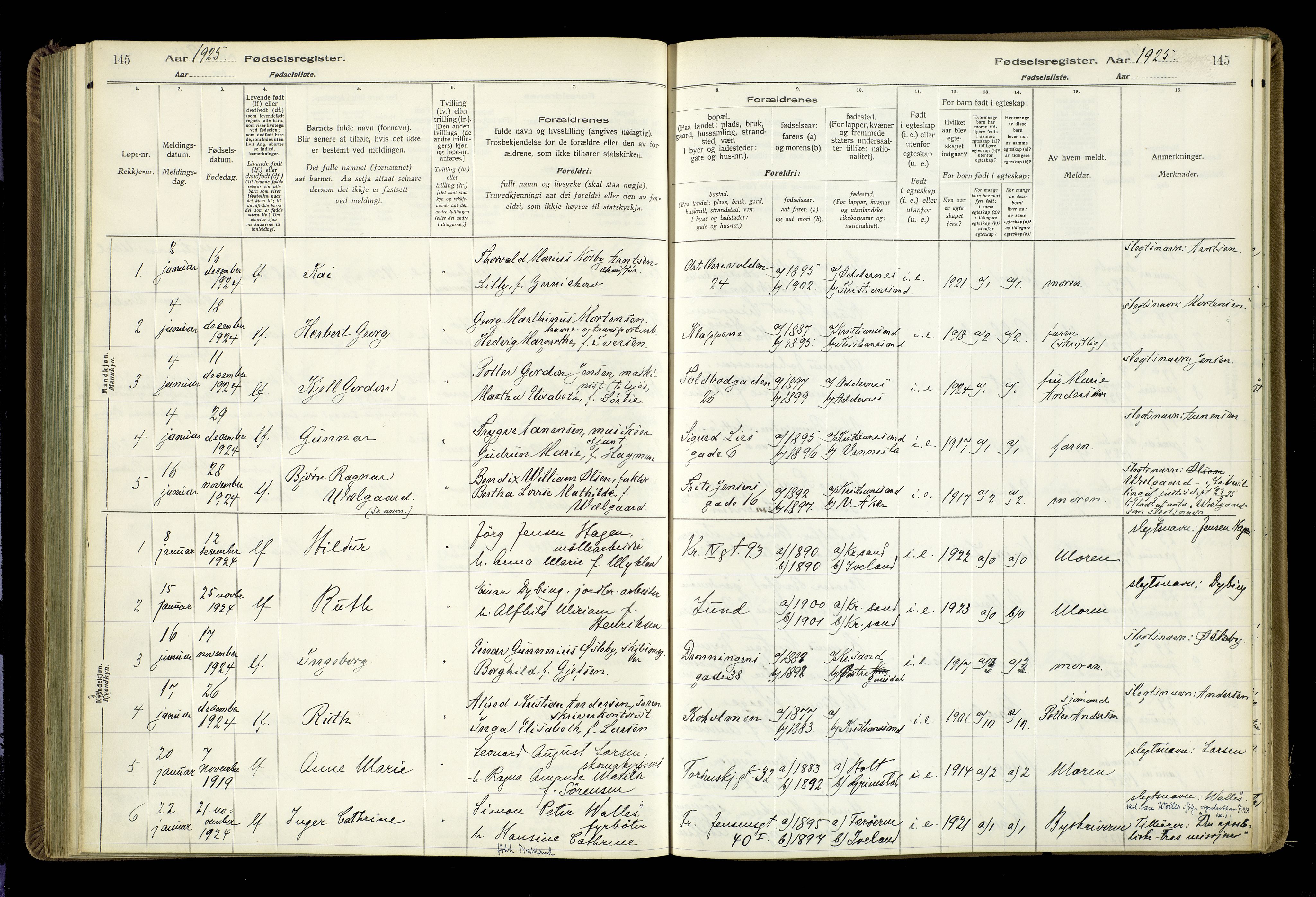 Kristiansand domprosti, AV/SAK-1112-0006/J/Jc/L0002: Birth register no. A-VI-46, 1921-1926, p. 145