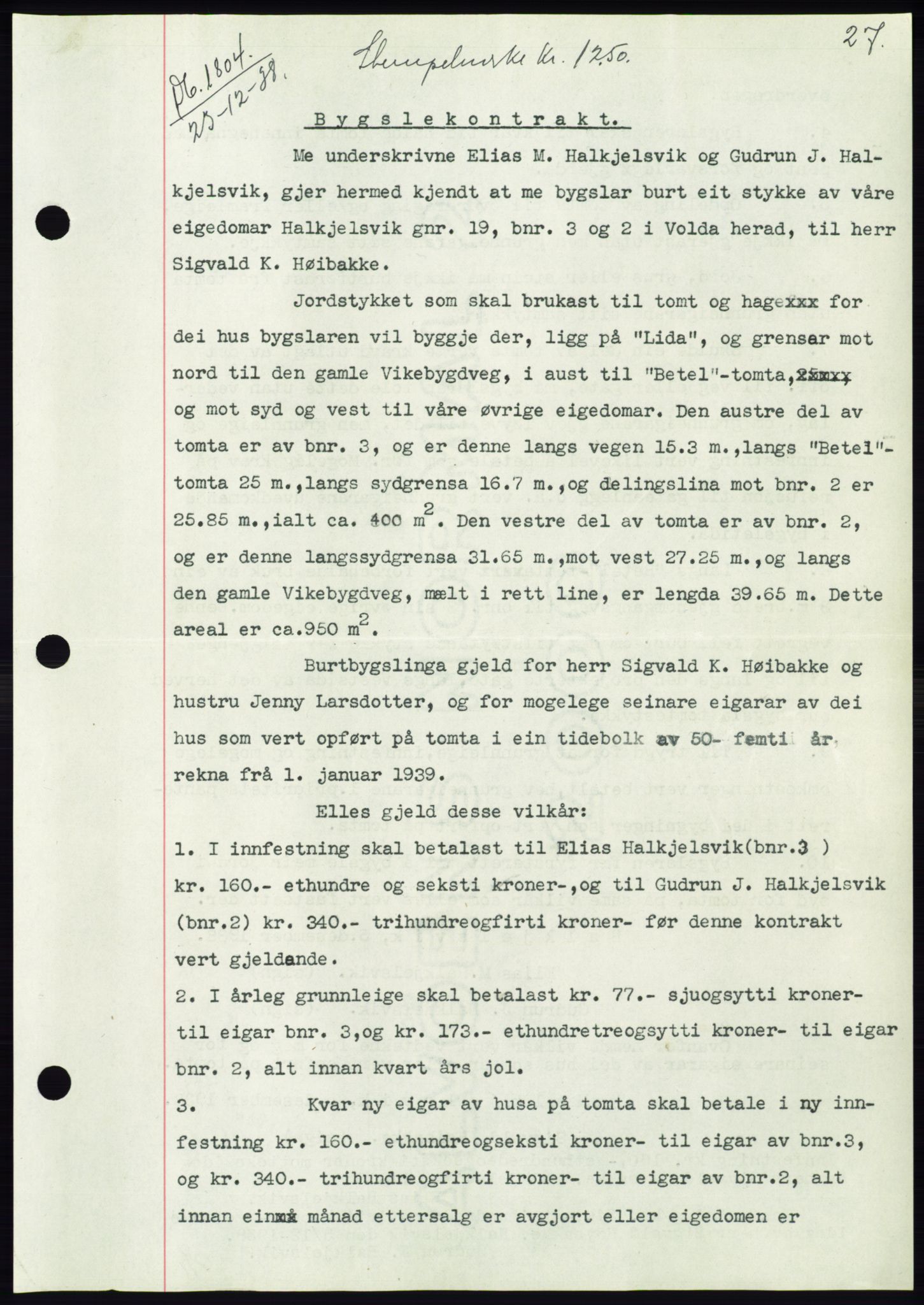 Søre Sunnmøre sorenskriveri, AV/SAT-A-4122/1/2/2C/L0067: Mortgage book no. 61, 1938-1939, Diary no: : 1804/1938