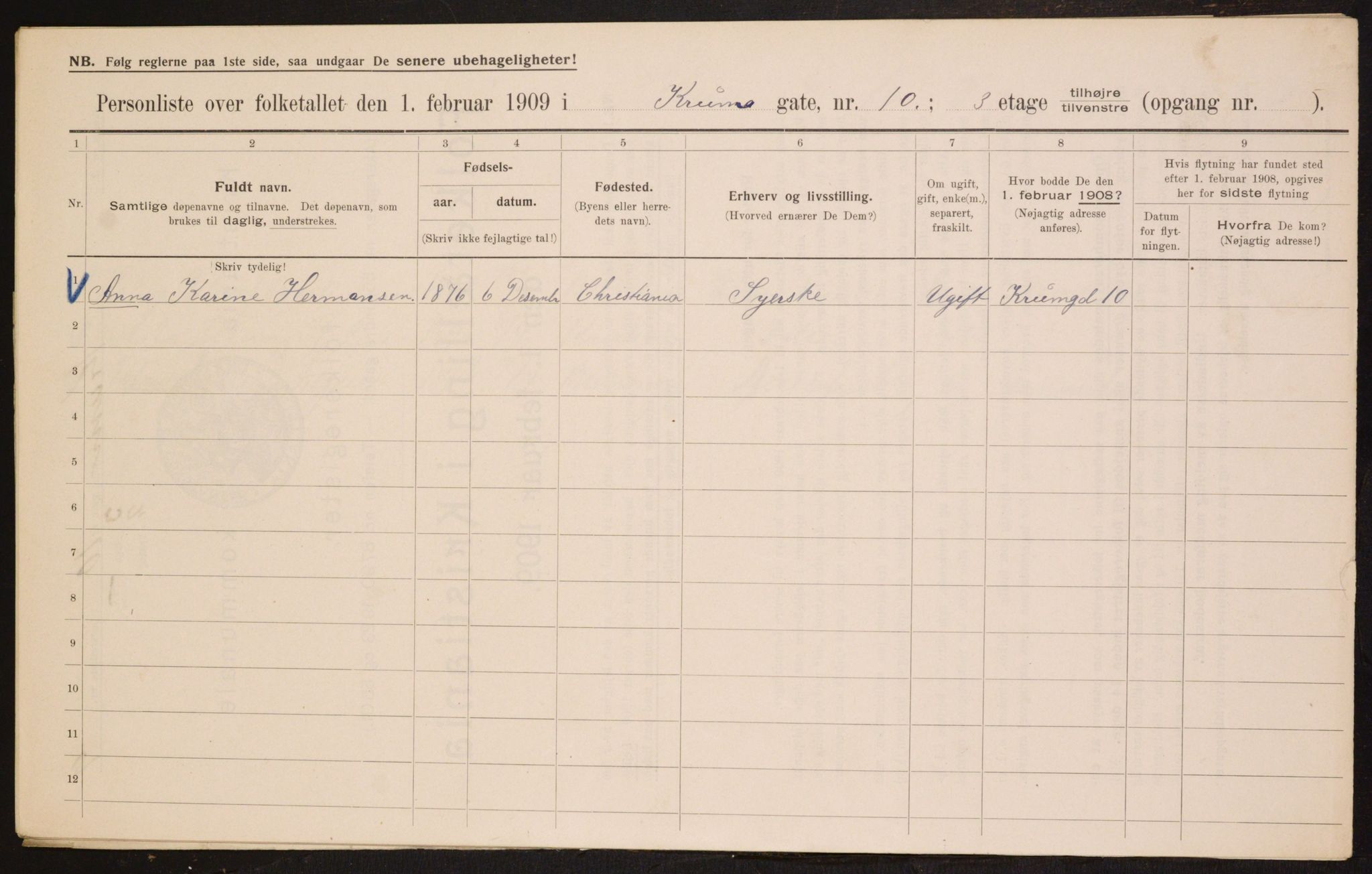 OBA, Municipal Census 1909 for Kristiania, 1909, p. 50372