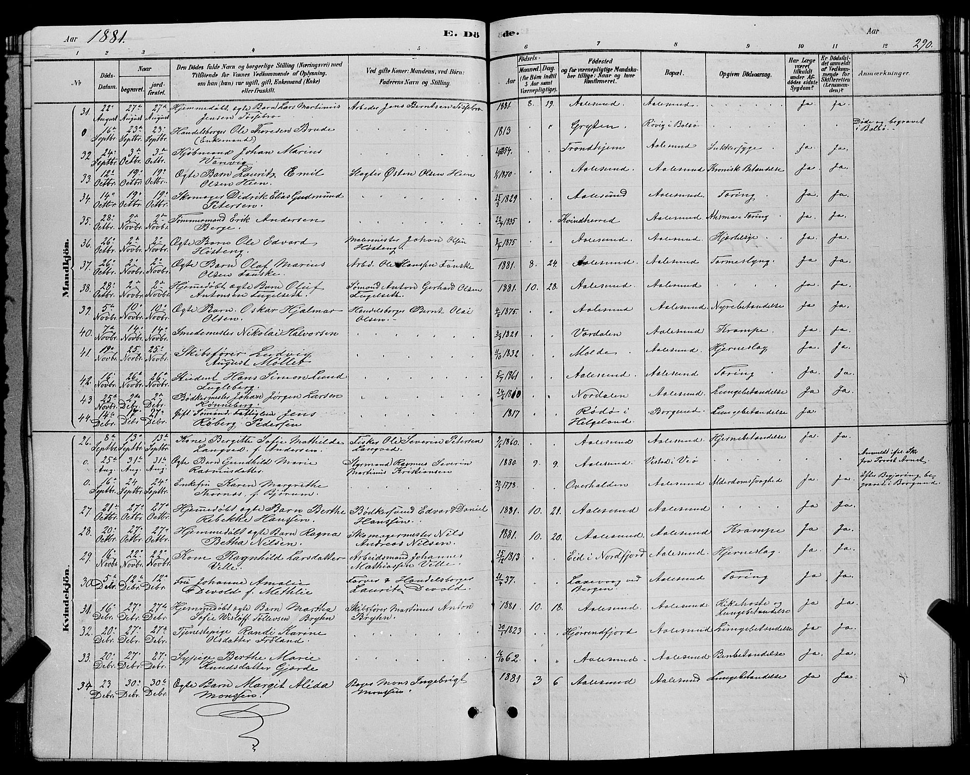 Ministerialprotokoller, klokkerbøker og fødselsregistre - Møre og Romsdal, AV/SAT-A-1454/529/L0466: Parish register (copy) no. 529C03, 1878-1888, p. 290