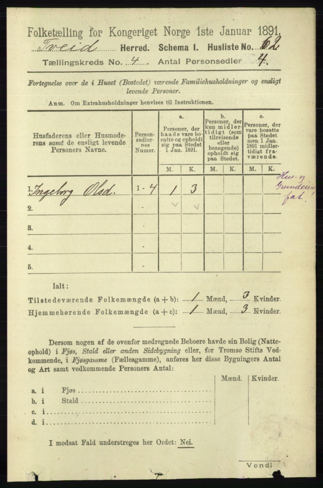 RA, 1891 census for 1013 Tveit, 1891, p. 1802