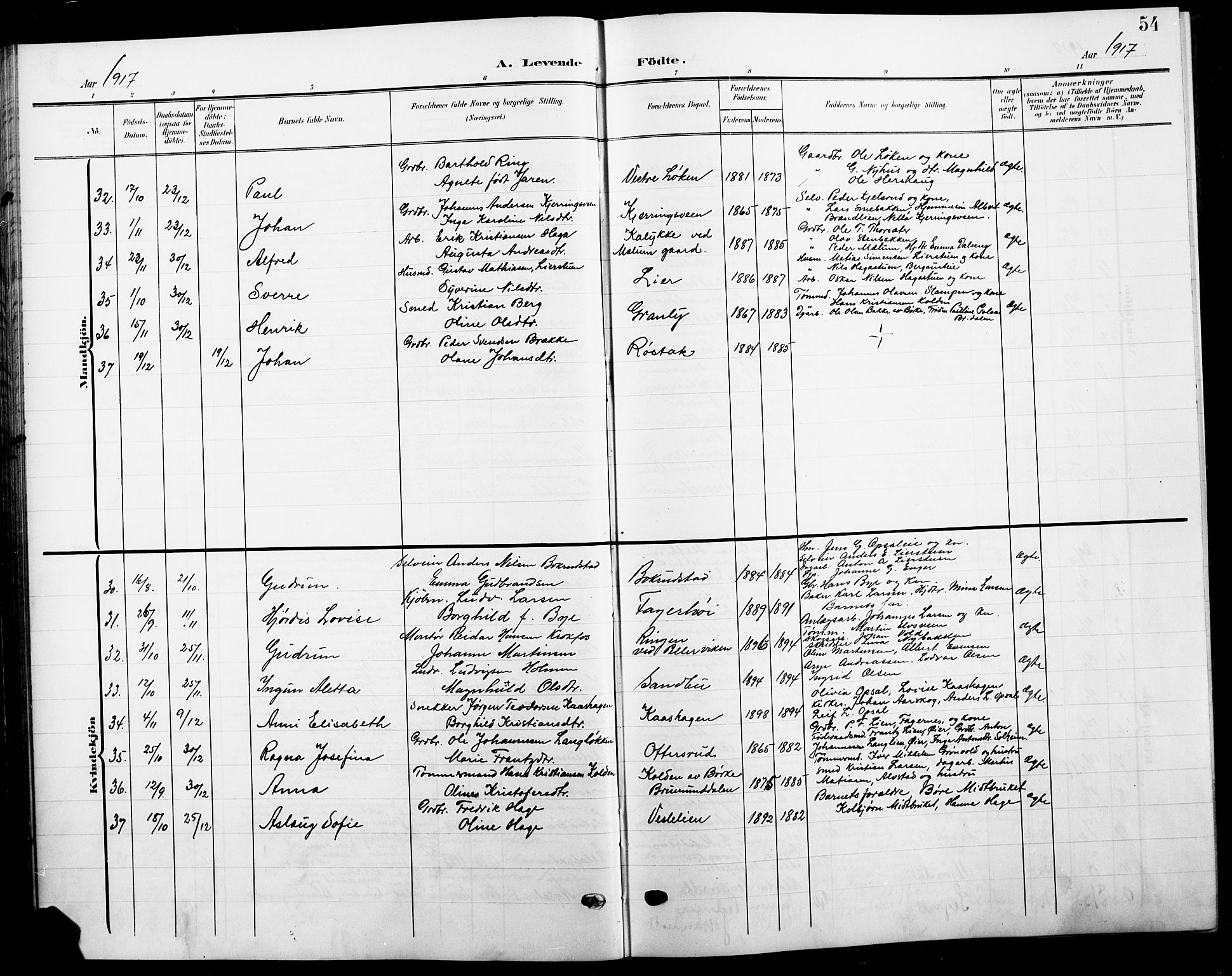 Ringsaker prestekontor, AV/SAH-PREST-014/L/La/L0017: Parish register (copy) no. 17, 1905-1920, p. 54