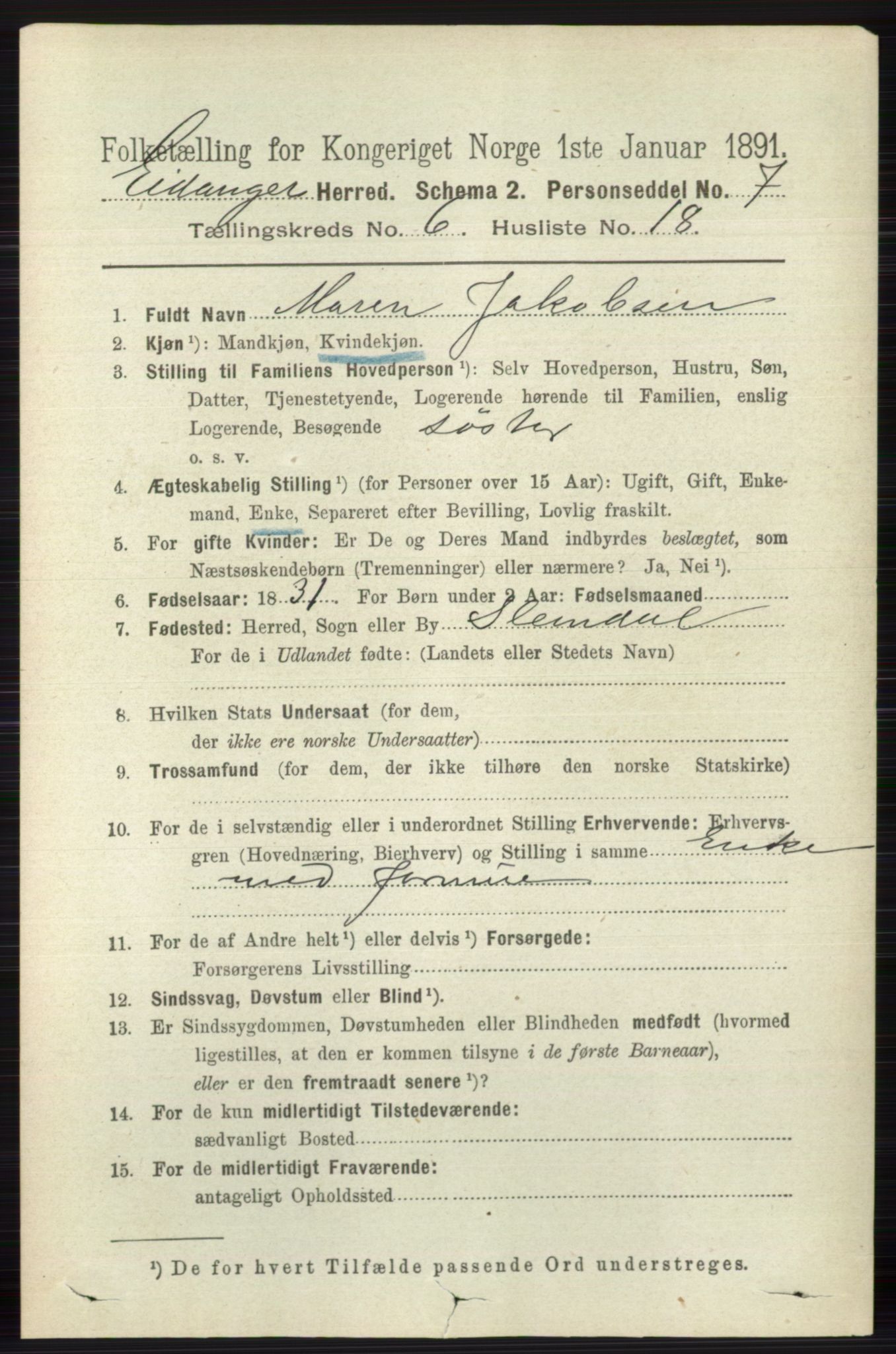 RA, 1891 census for 0813 Eidanger, 1891, p. 2700