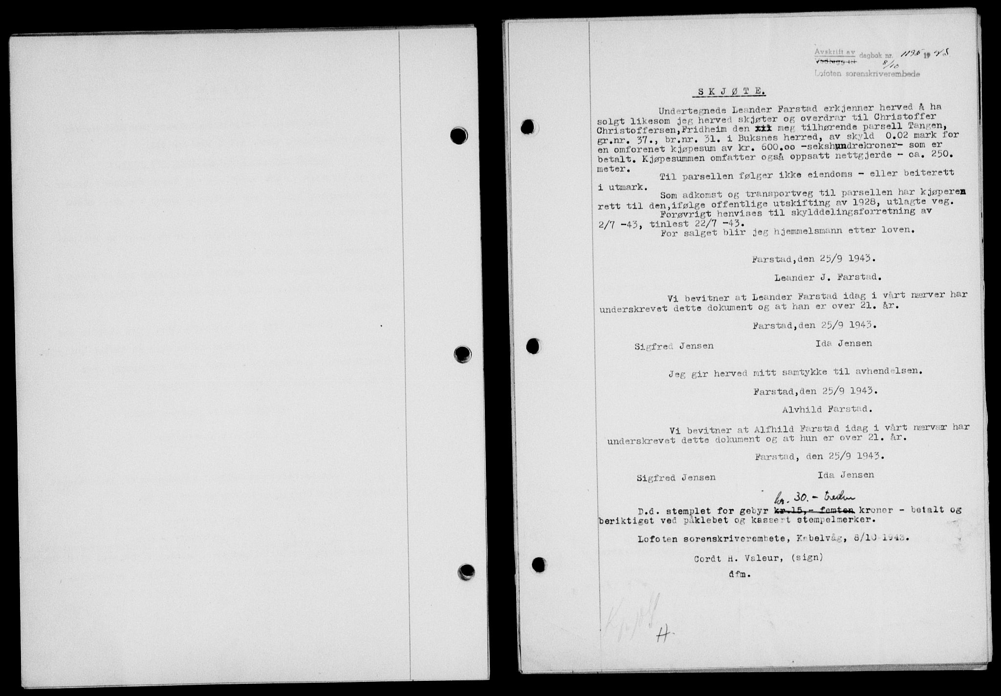 Lofoten sorenskriveri, SAT/A-0017/1/2/2C/L0011a: Mortgage book no. 11a, 1943-1943, Diary no: : 1195/1943