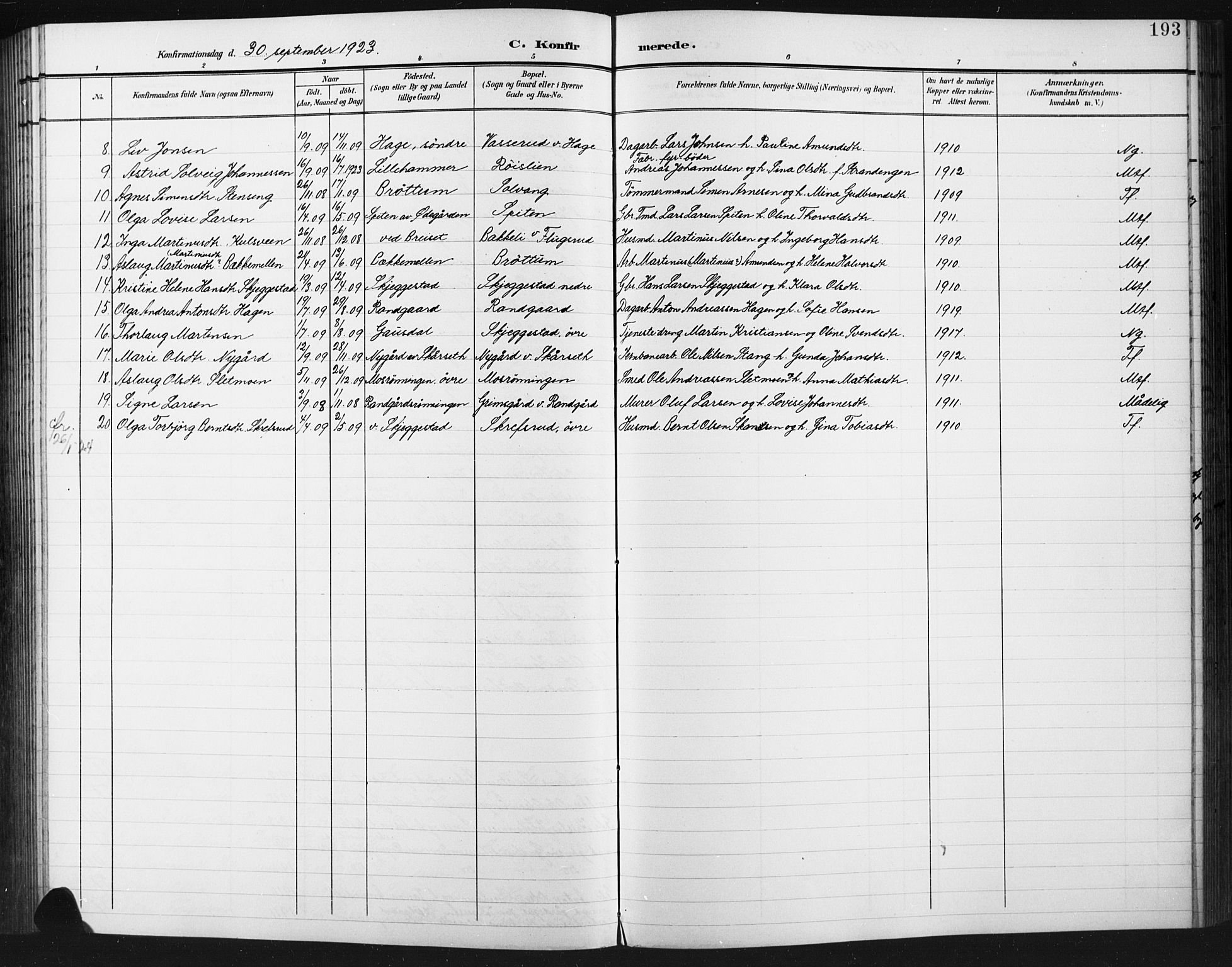 Fåberg prestekontor, SAH/PREST-086/H/Ha/Hab/L0012: Parish register (copy) no. 12, 1903-1924, p. 193