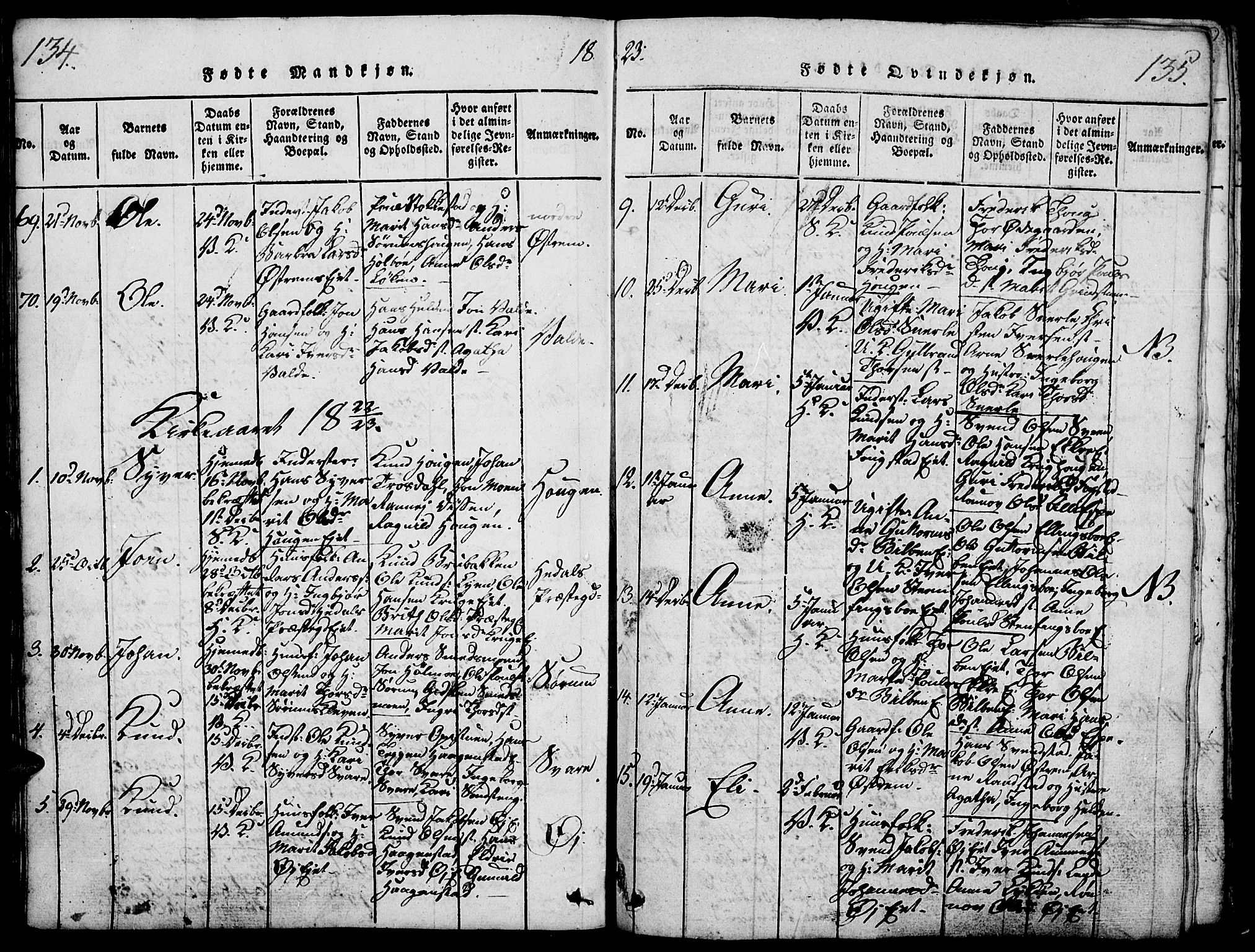 Vågå prestekontor, SAH/PREST-076/H/Ha/Haa/L0003: Parish register (official) no. 3, 1815-1827, p. 134-135