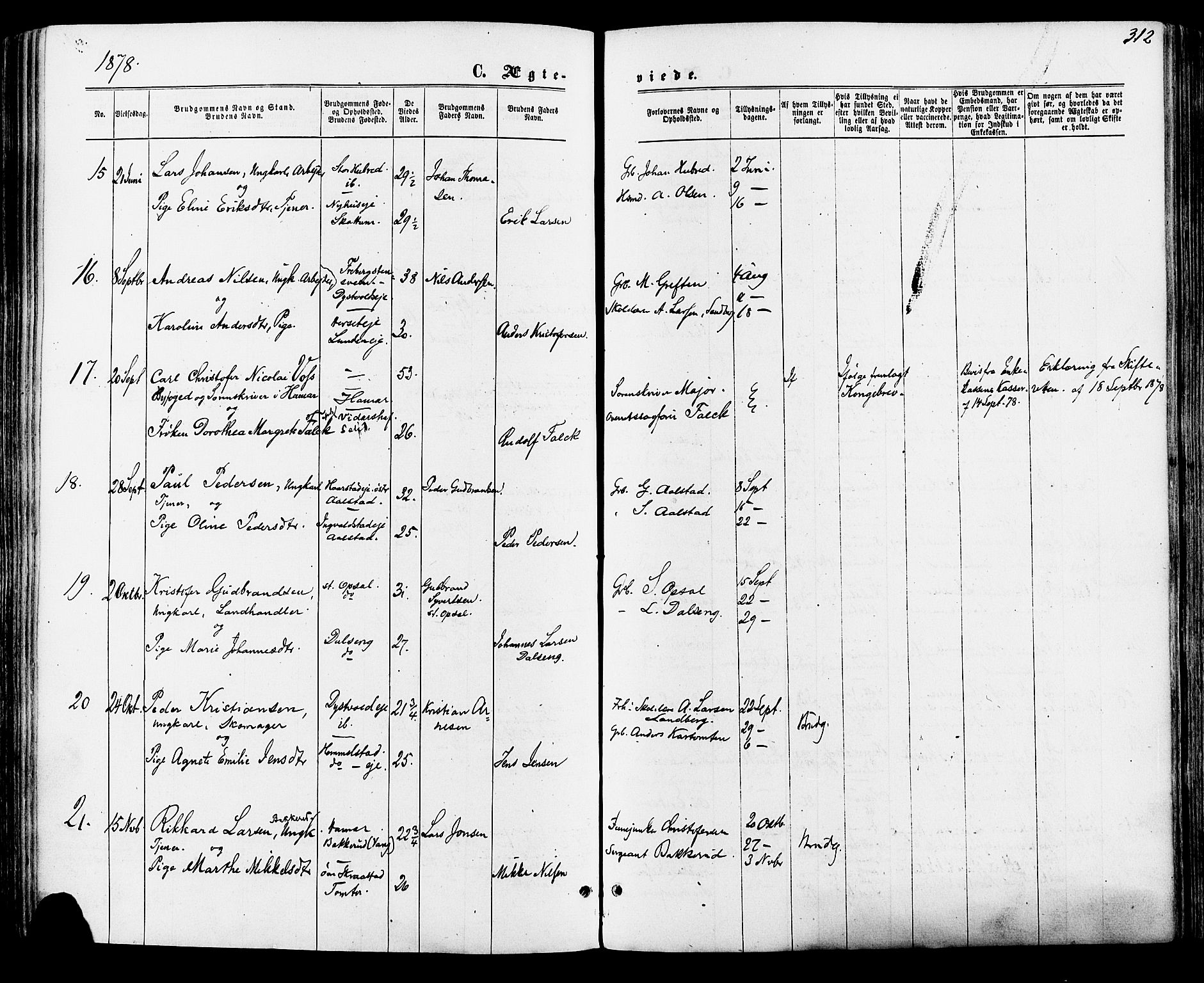 Vang prestekontor, Hedmark, AV/SAH-PREST-008/H/Ha/Haa/L0015: Parish register (official) no. 15, 1871-1885, p. 312