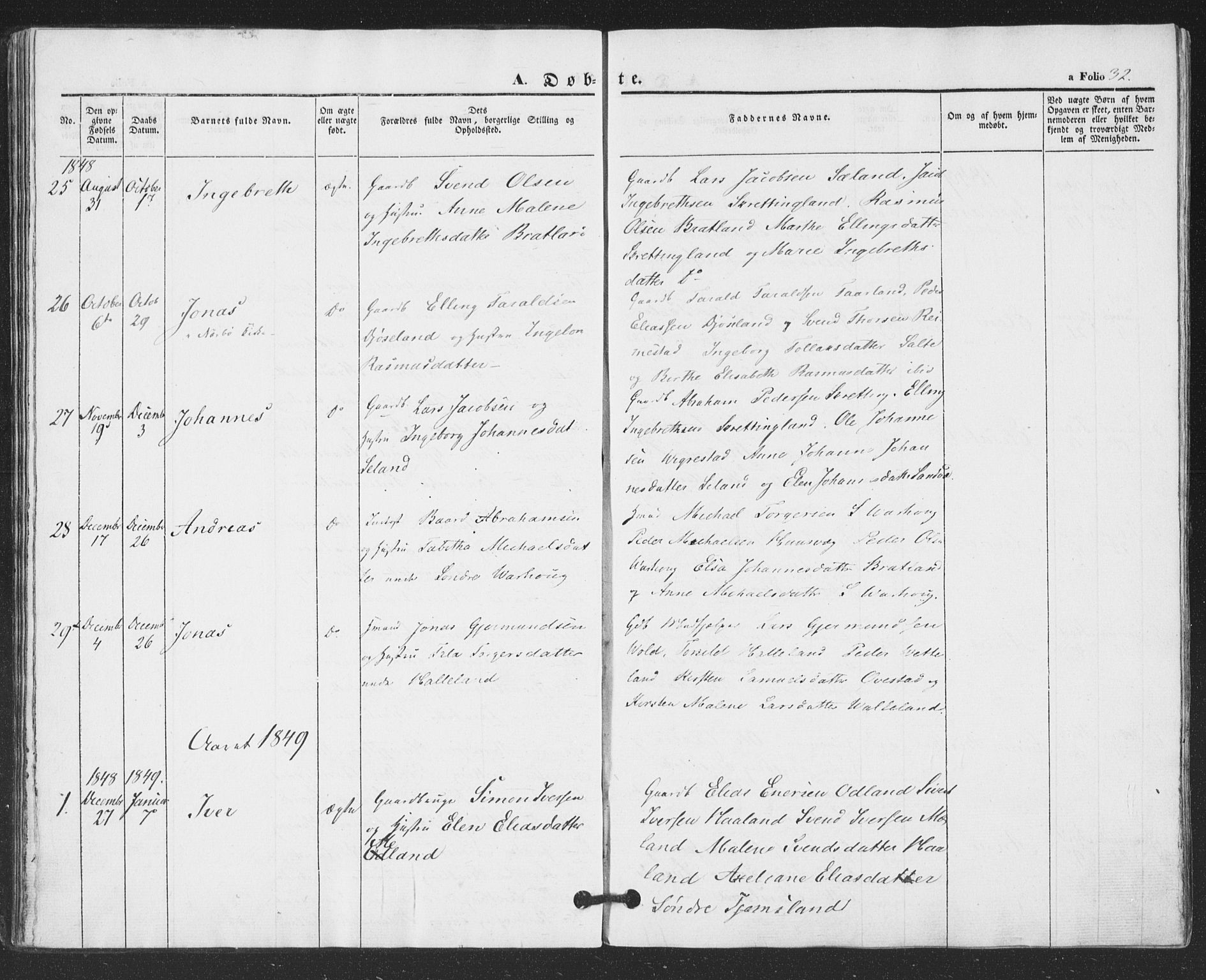 Hå sokneprestkontor, AV/SAST-A-101801/001/30BA/L0007: Parish register (official) no. A 6, 1842-1855, p. 32