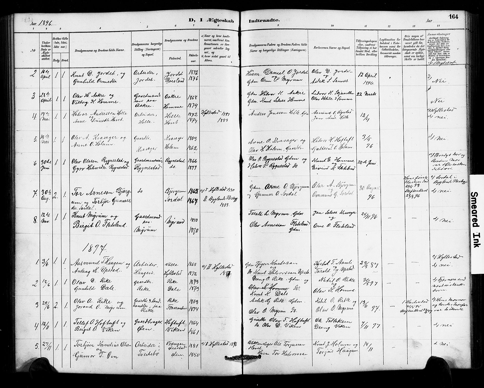 Valle sokneprestkontor, AV/SAK-1111-0044/F/Fb/Fbc/L0004: Parish register (copy) no. B 4, 1890-1928, p. 164