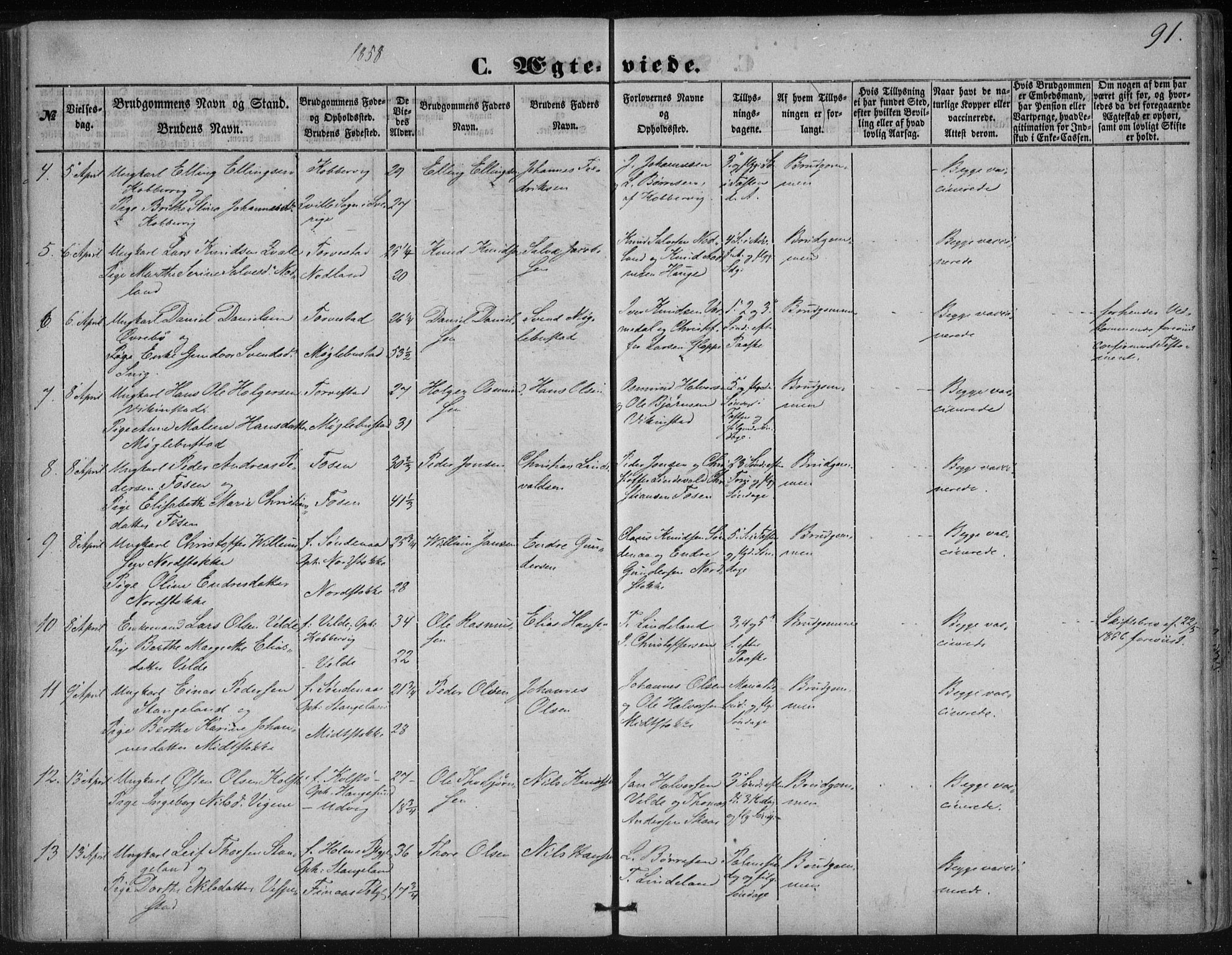 Avaldsnes sokneprestkontor, SAST/A -101851/H/Ha/Haa/L0009: Parish register (official) no. A 9, 1853-1865, p. 91