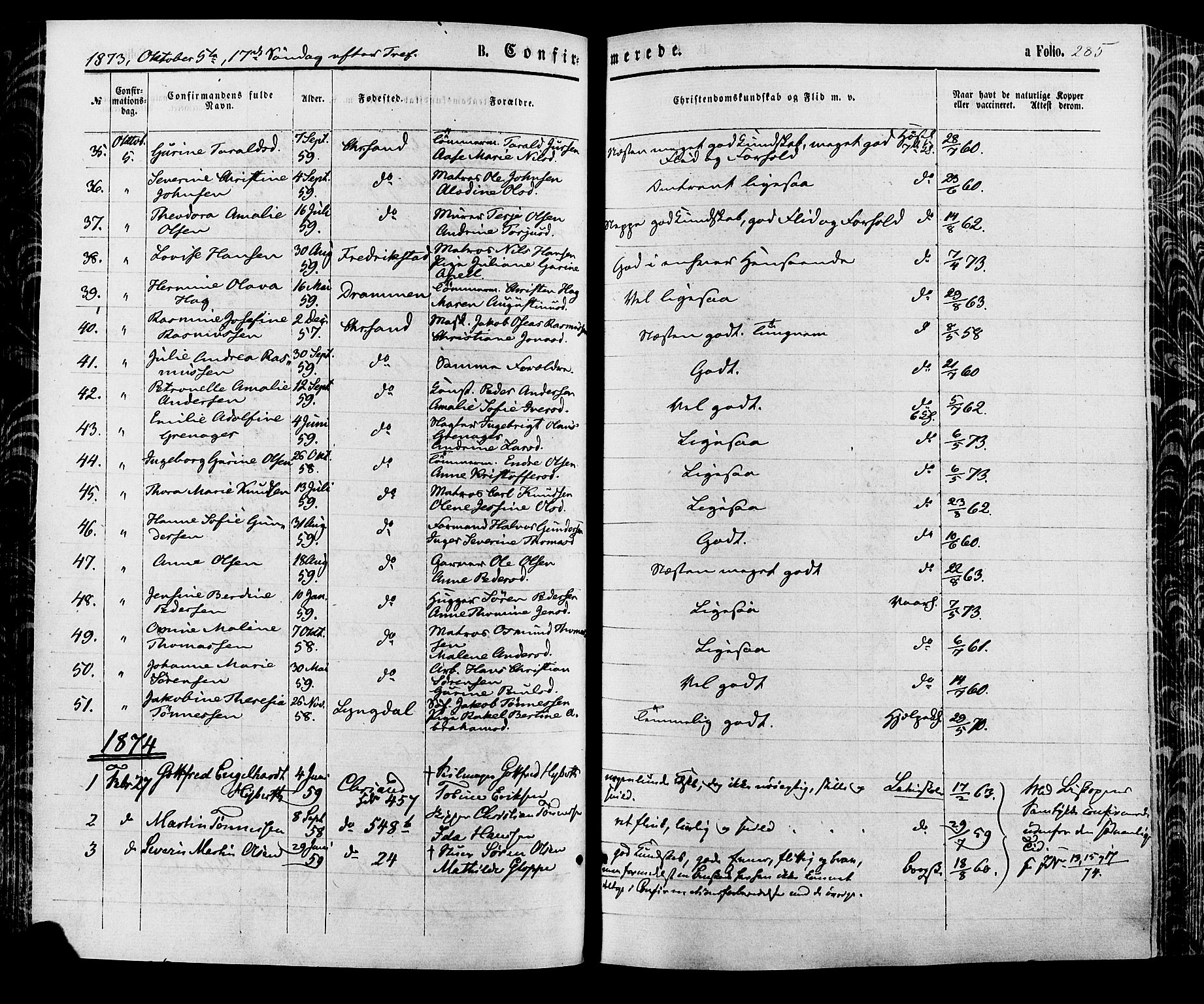 Kristiansand domprosti, SAK/1112-0006/F/Fa/L0015: Parish register (official) no. A 15, 1867-1880, p. 285