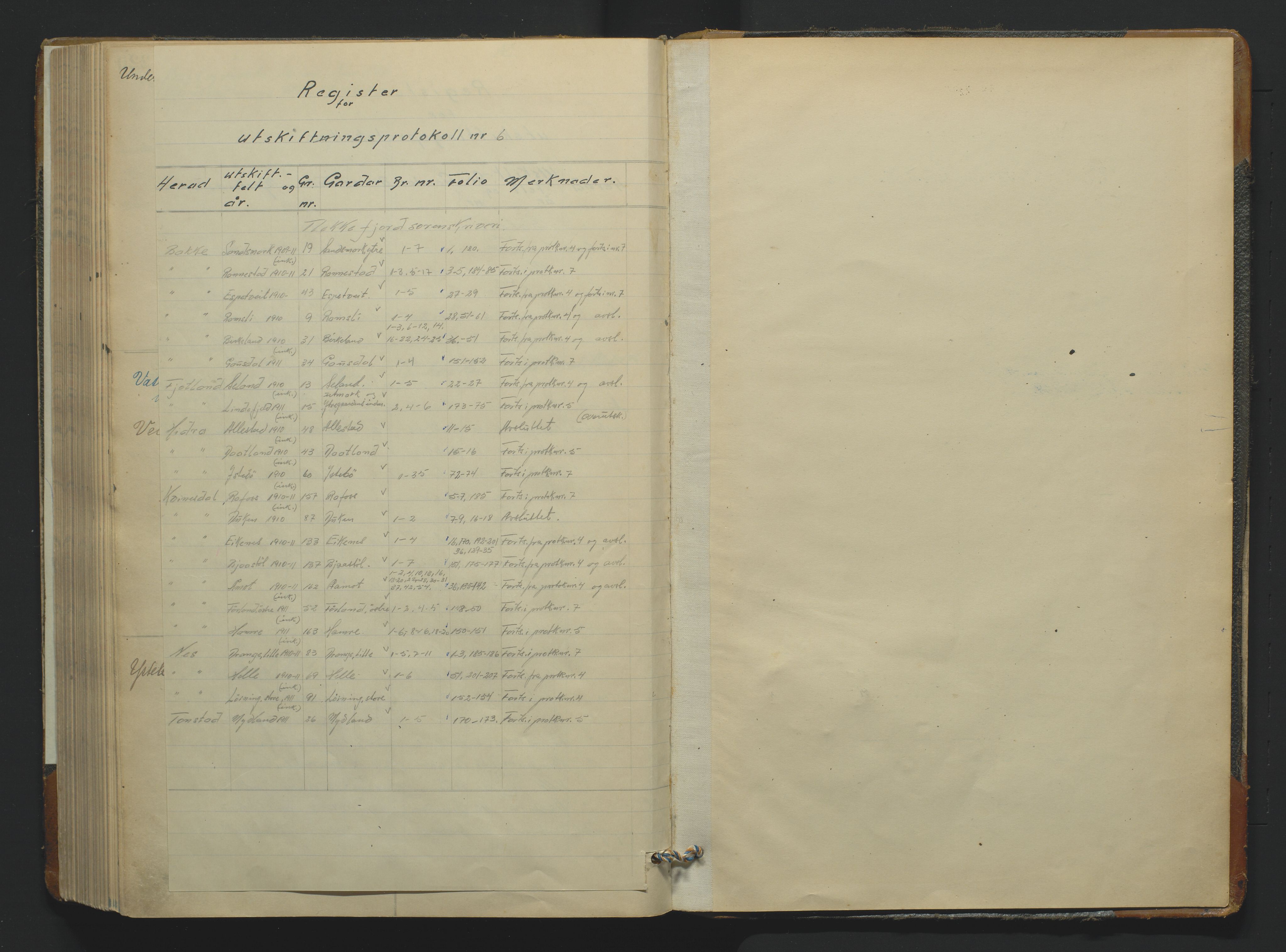 Utskiftningsformannen i Lister og Mandal amt, SAK/1541-0003/F/Fa/Faa/L0051: Utskiftningsprotokoll med register nr B-6, 1909-1912