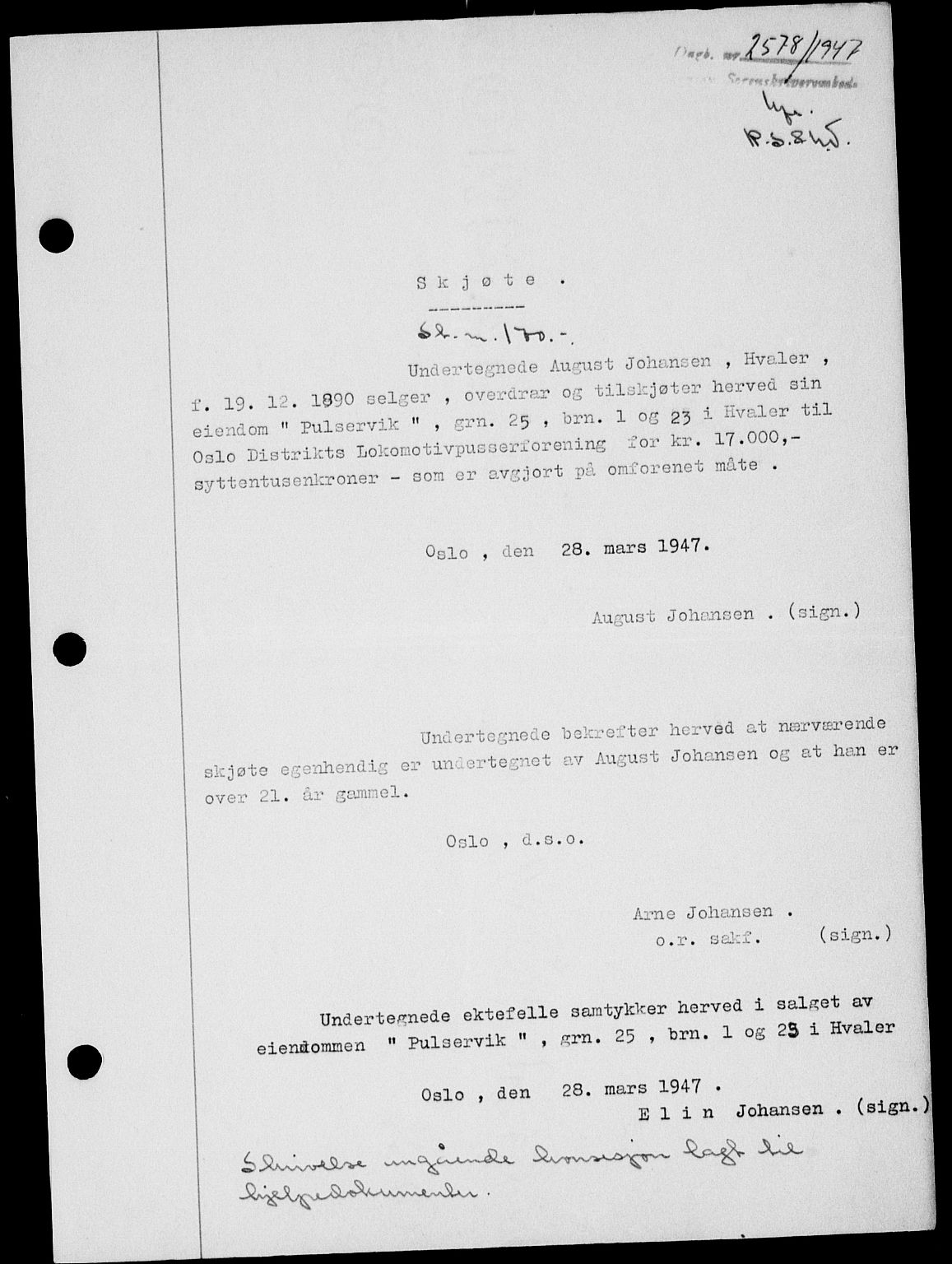 Onsøy sorenskriveri, SAO/A-10474/G/Ga/Gab/L0021: Mortgage book no. II A-21, 1947-1947, Diary no: : 2578/1947