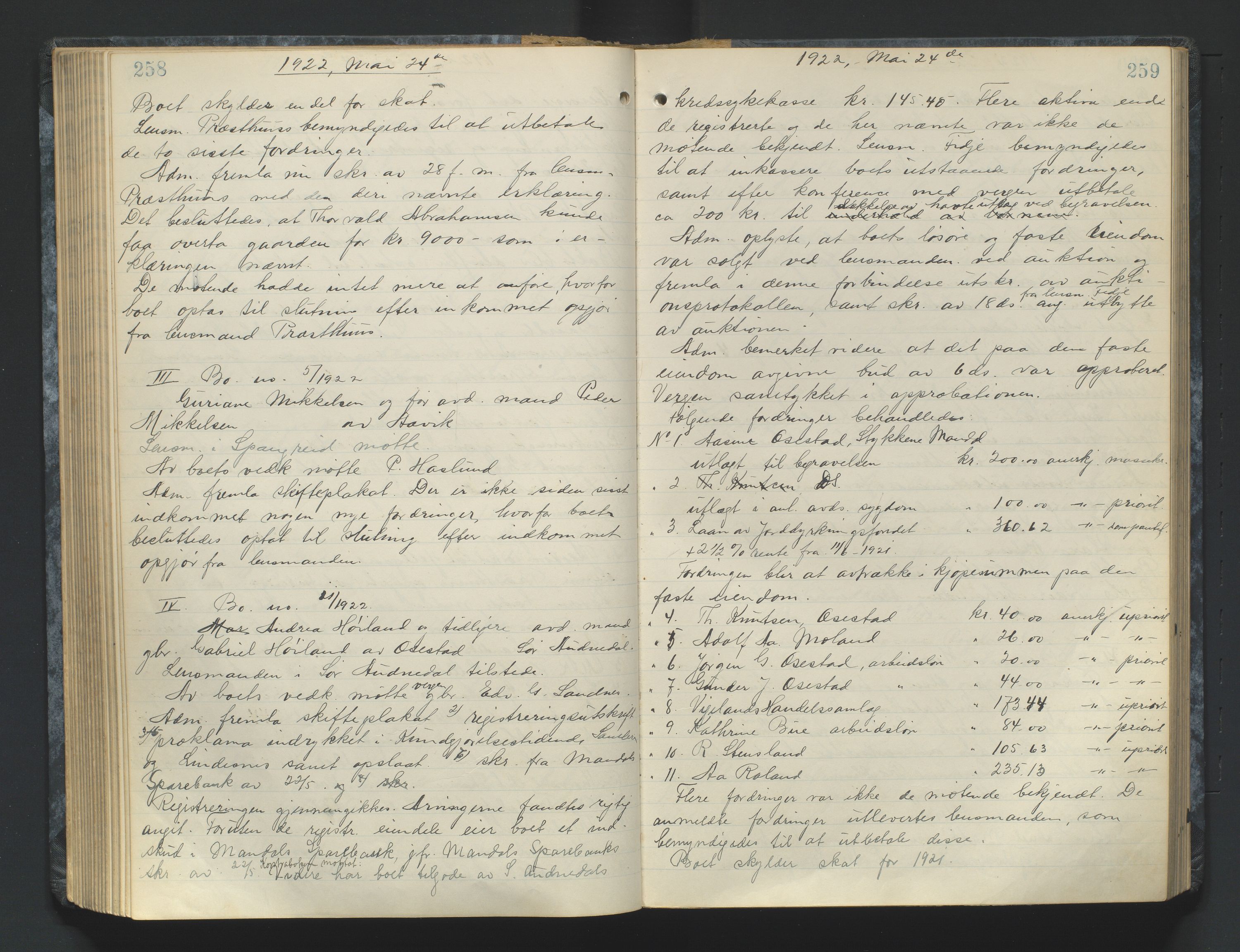 Mandal sorenskriveri, AV/SAK-1221-0005/001/H/Hc/L0084: Skifteforhandlingsprotokoll nr 16, 1921-1924, p. 258-259