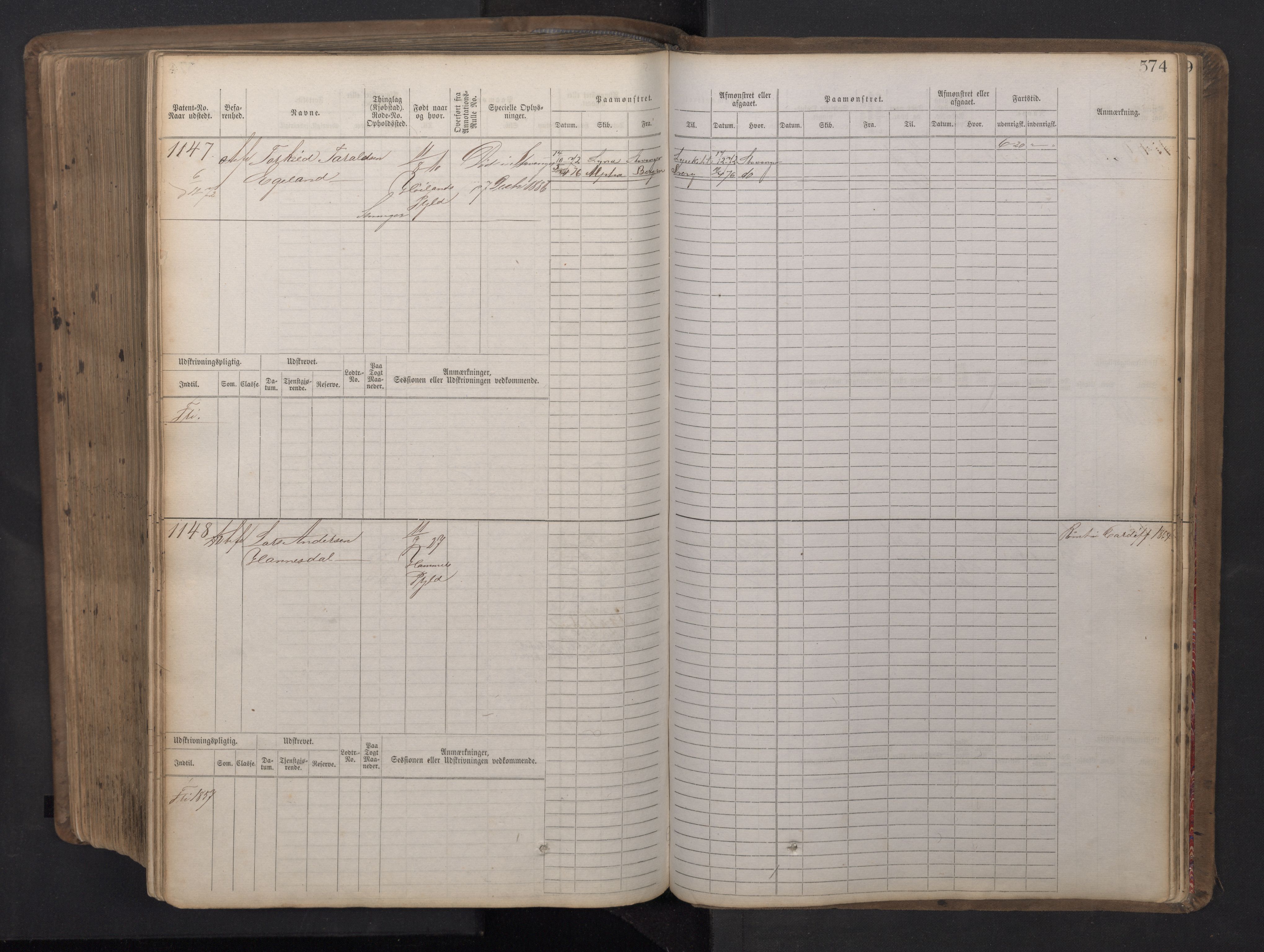 Stavanger sjømannskontor, AV/SAST-A-102006/F/Fb/Fbb/L0016: Sjøfartshovedrulle patnentnr. 1-1202 (dublett), 1869, p. 574