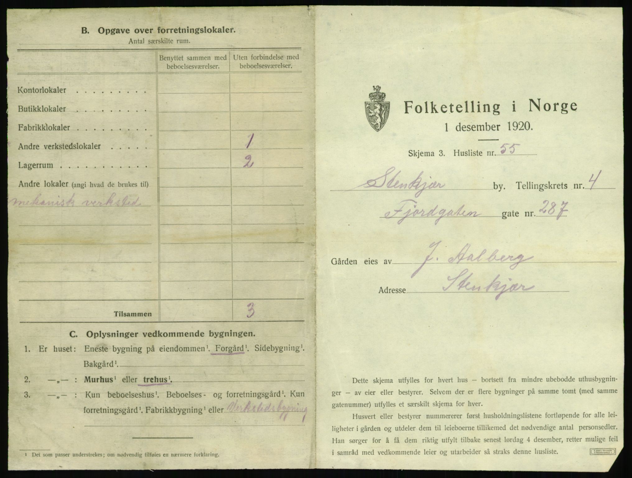 SAT, 1920 census for Steinkjer, 1920, p. 702