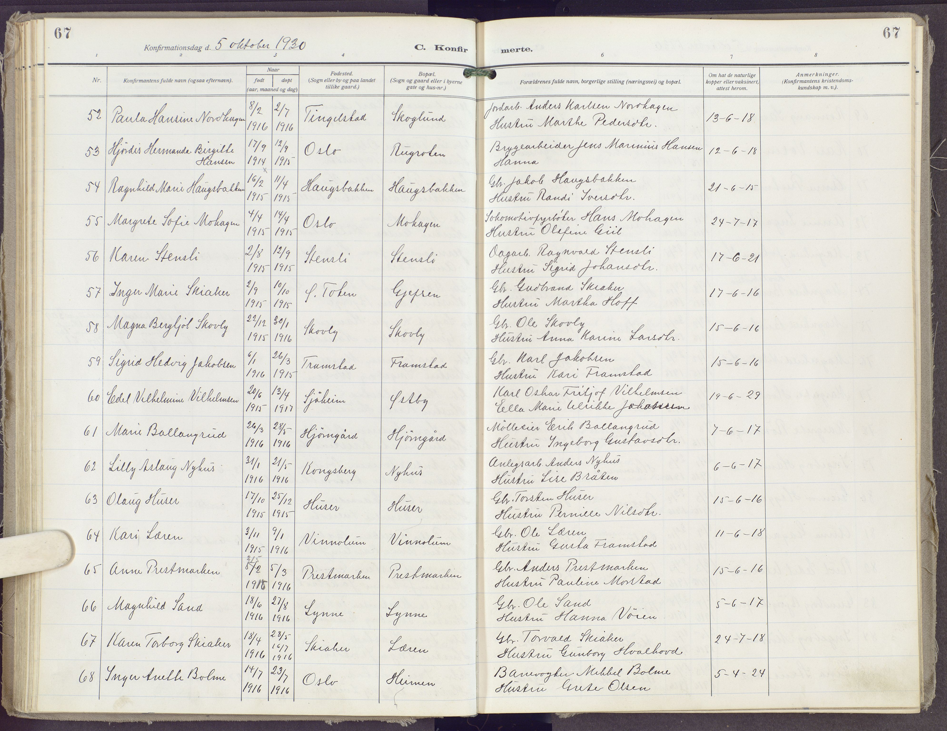 Gran prestekontor, AV/SAH-PREST-112/H/Ha/Haa/L0023: Parish register (official) no. 23, 1919-1938, p. 67