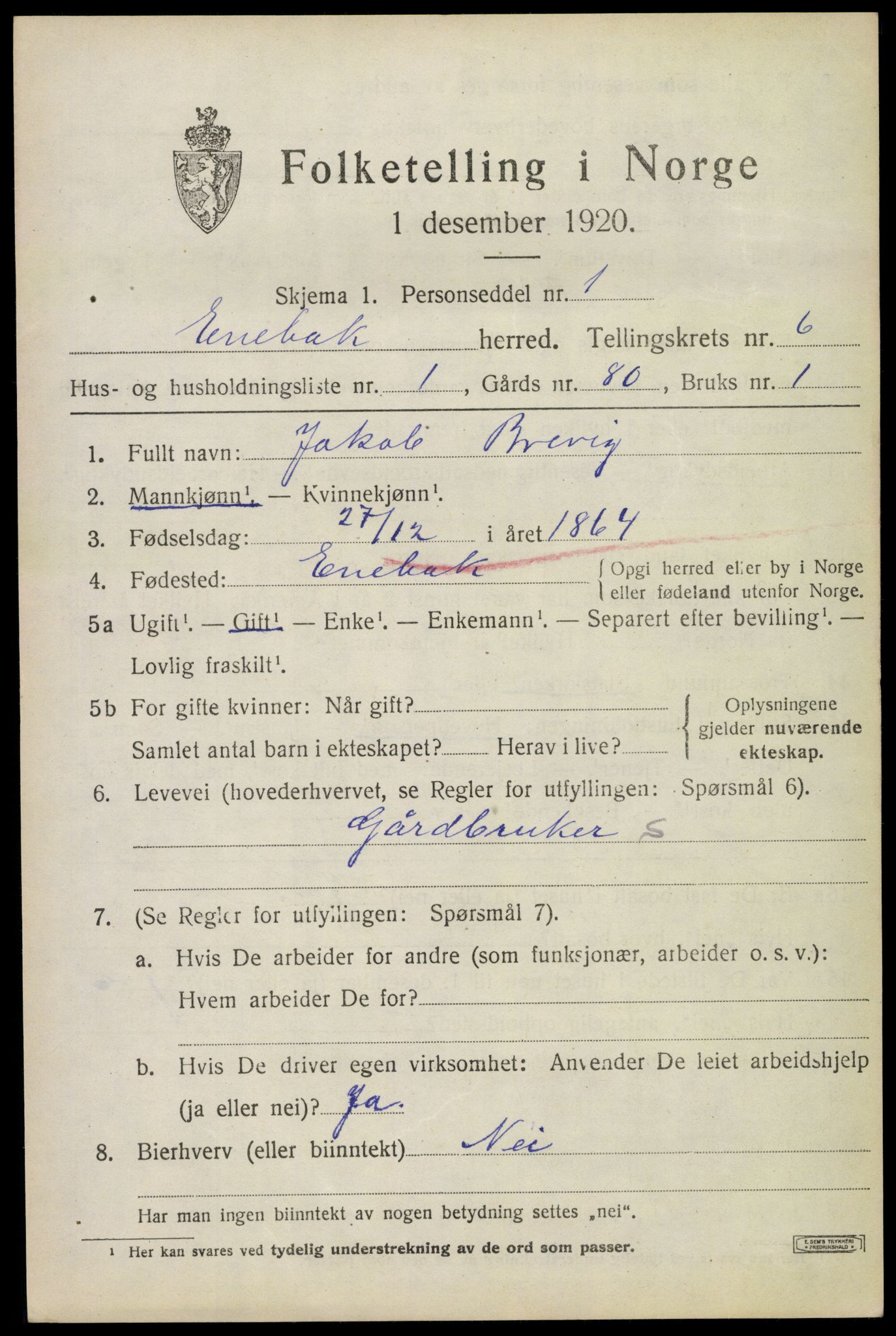 SAO, 1920 census for Enebakk, 1920, p. 4711