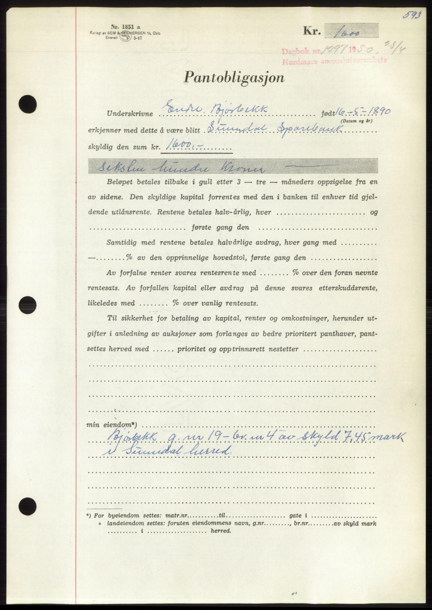 Nordmøre sorenskriveri, AV/SAT-A-4132/1/2/2Ca: Mortgage book no. B104, 1950-1950, Diary no: : 1297/1950