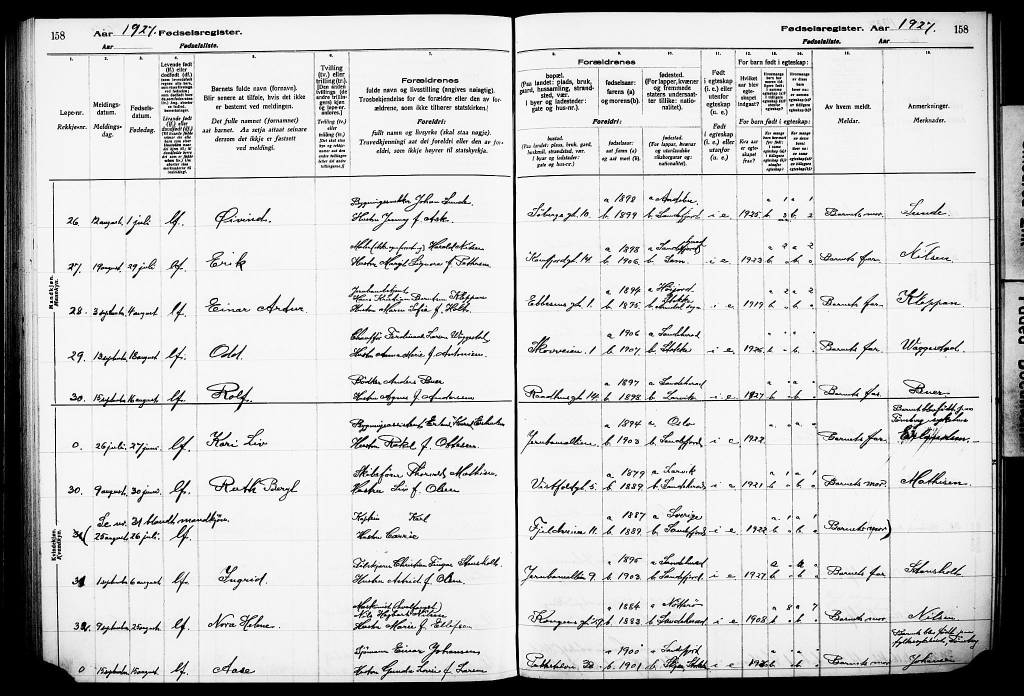 Sandefjord kirkebøker, AV/SAKO-A-315/J/Ja/L0001: Birth register no. 1, 1916-1932, p. 158