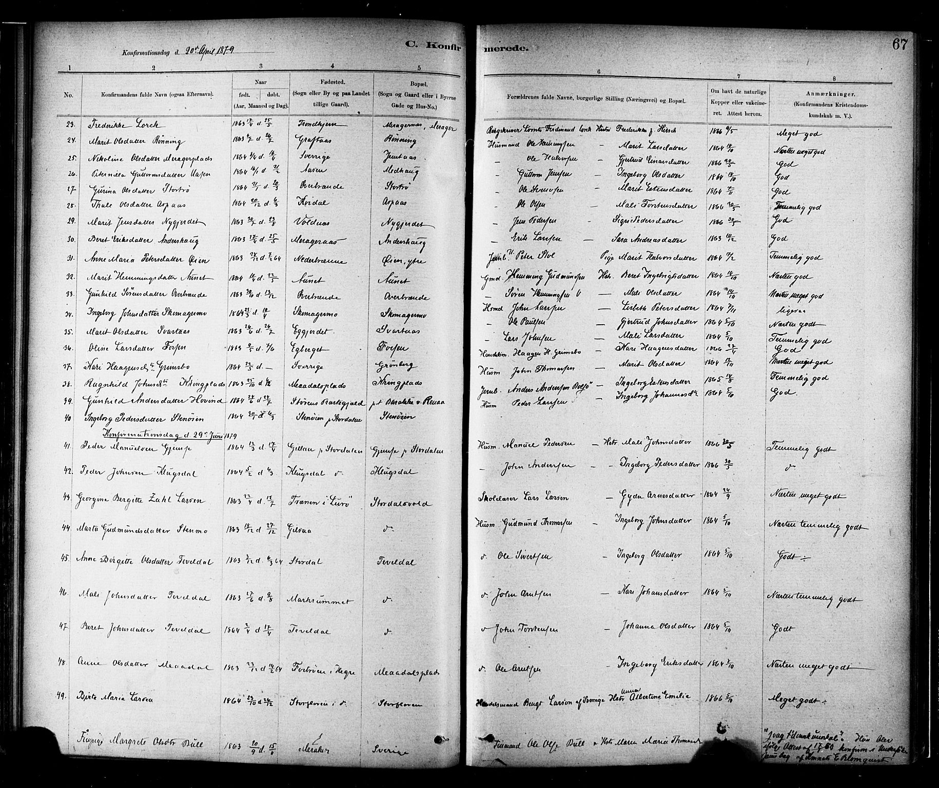 Ministerialprotokoller, klokkerbøker og fødselsregistre - Nord-Trøndelag, SAT/A-1458/706/L0047: Parish register (official) no. 706A03, 1878-1892, p. 67