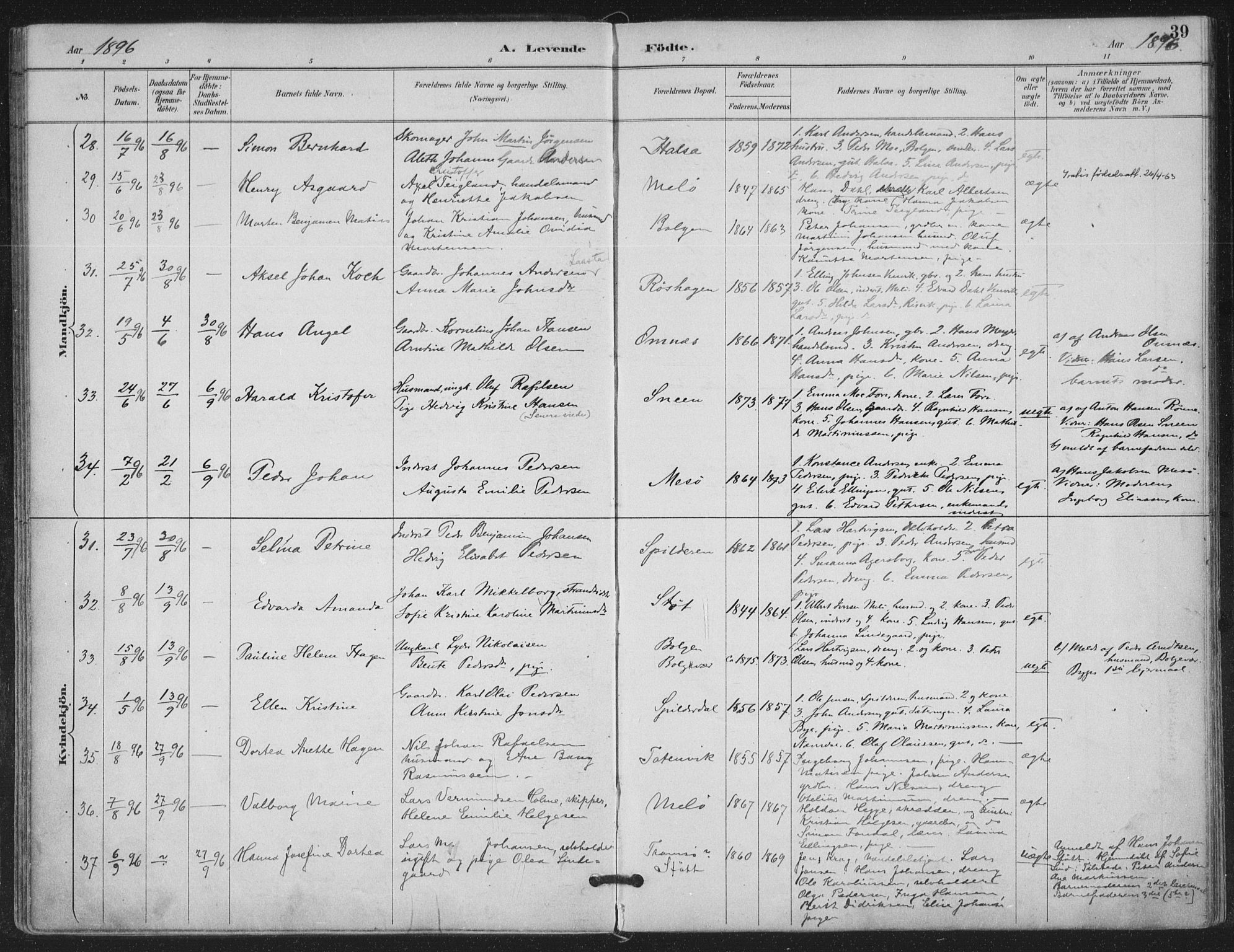 Ministerialprotokoller, klokkerbøker og fødselsregistre - Nordland, AV/SAT-A-1459/843/L0628: Parish register (official) no. 843A03, 1889-1907, p. 39