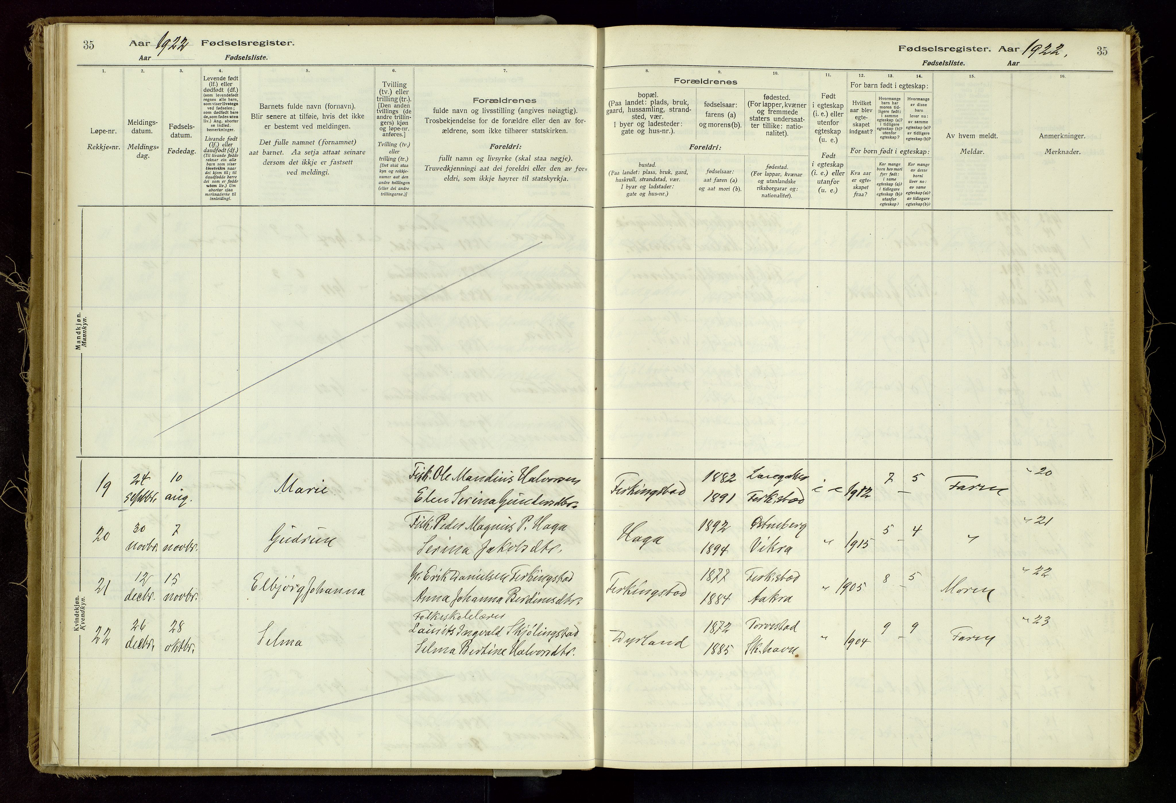 Skudenes sokneprestkontor, SAST/A -101849/I/Id/L0002: Birth register no. 2, 1916-1962, p. 35