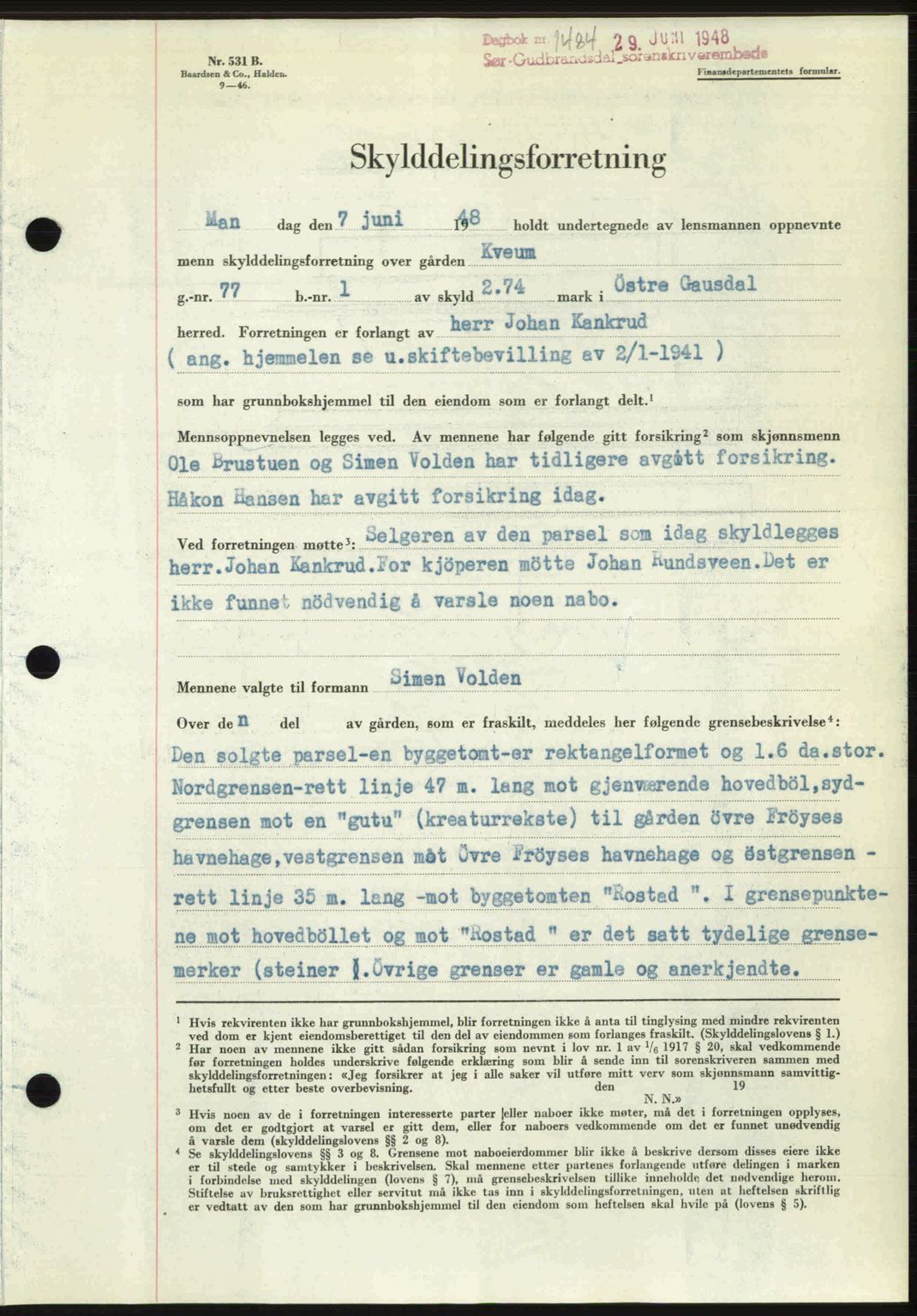 Sør-Gudbrandsdal tingrett, SAH/TING-004/H/Hb/Hbd/L0022: Mortgage book no. A22, 1948-1948, Diary no: : 1484/1948