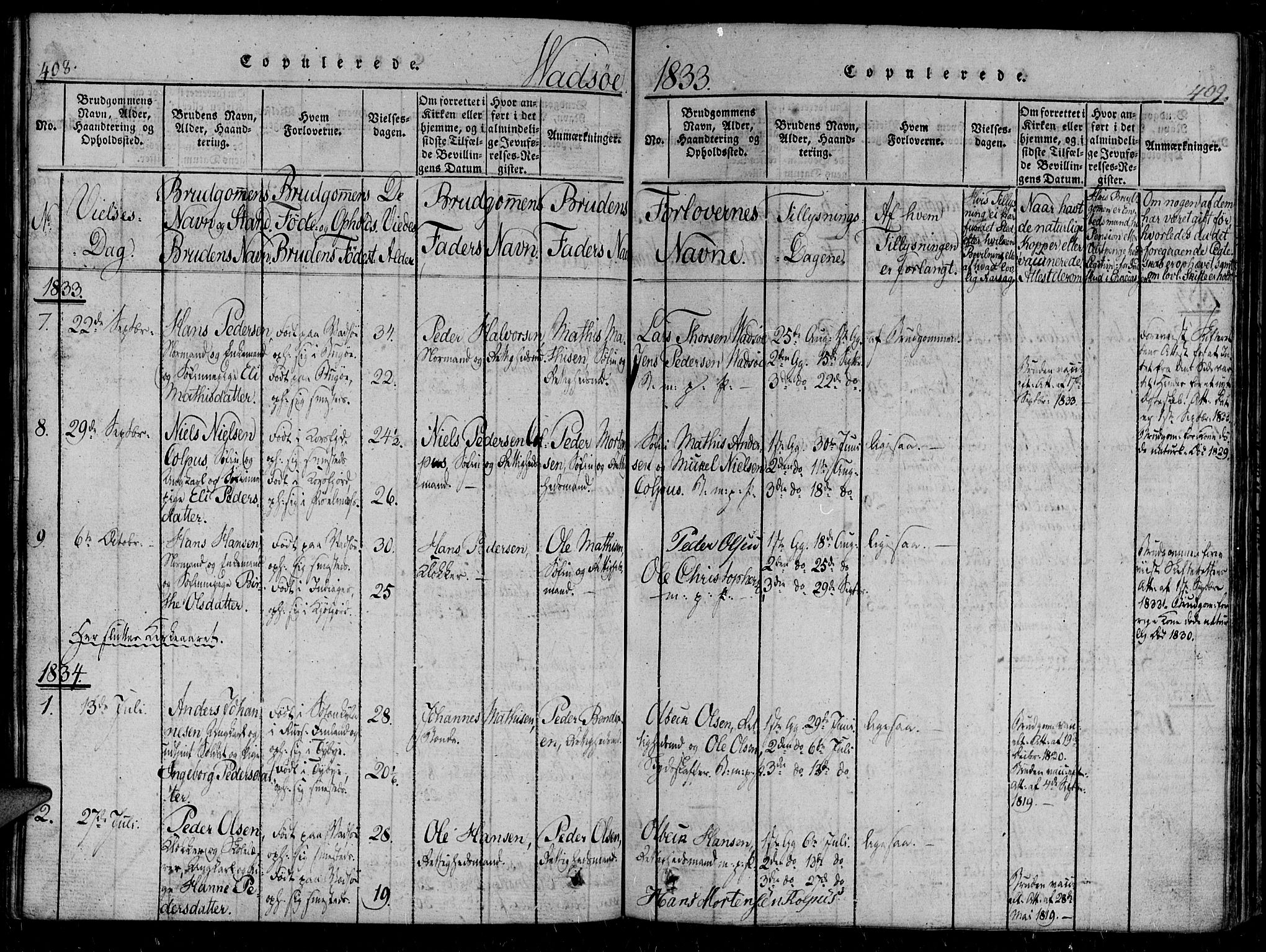 Vadsø sokneprestkontor, SATØ/S-1325/H/Ha/L0003kirke: Parish register (official) no. 3 /1, 1821-1839, p. 408-409