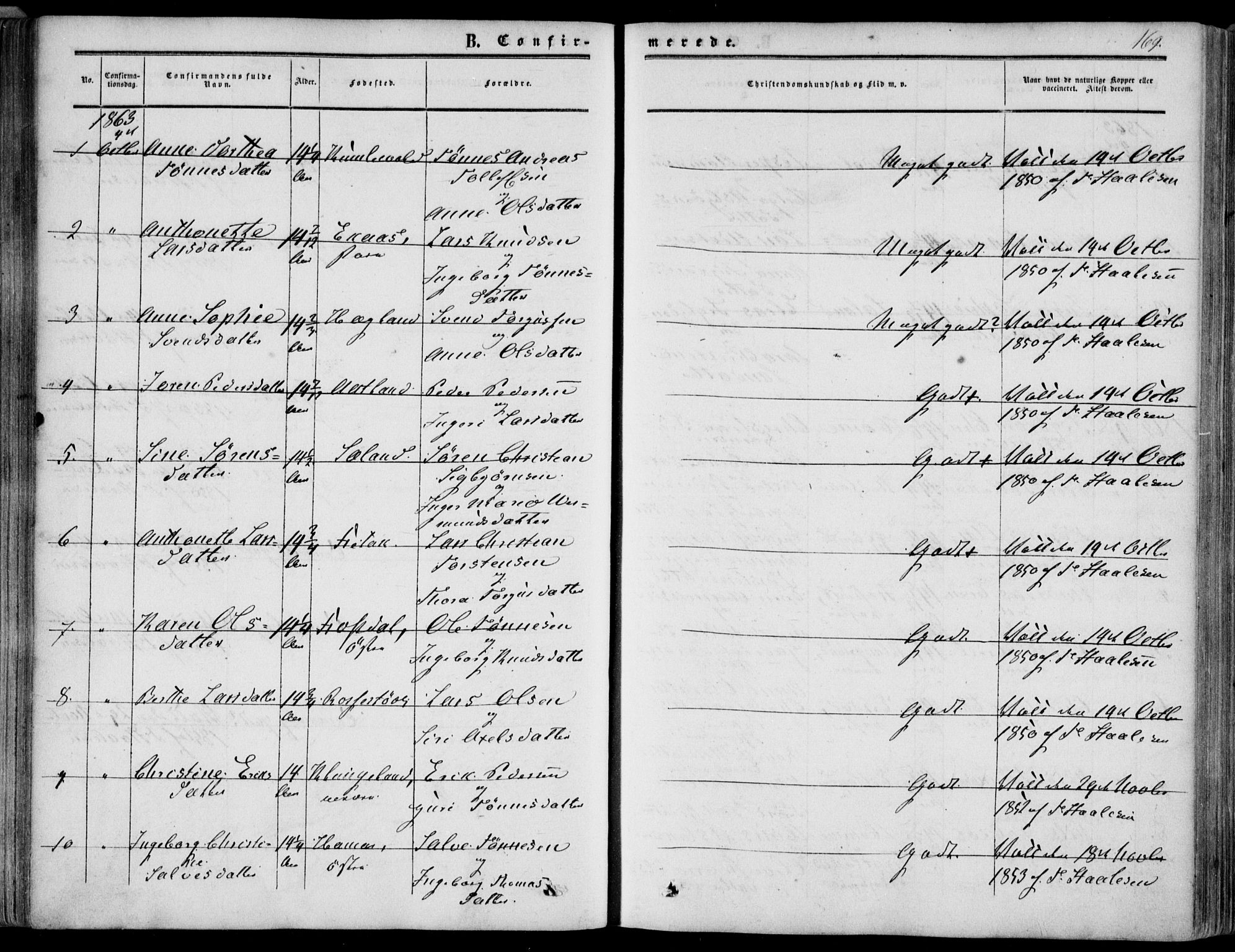 Bakke sokneprestkontor, AV/SAK-1111-0002/F/Fa/Fab/L0002: Parish register (official) no. A 2, 1855-1884, p. 169