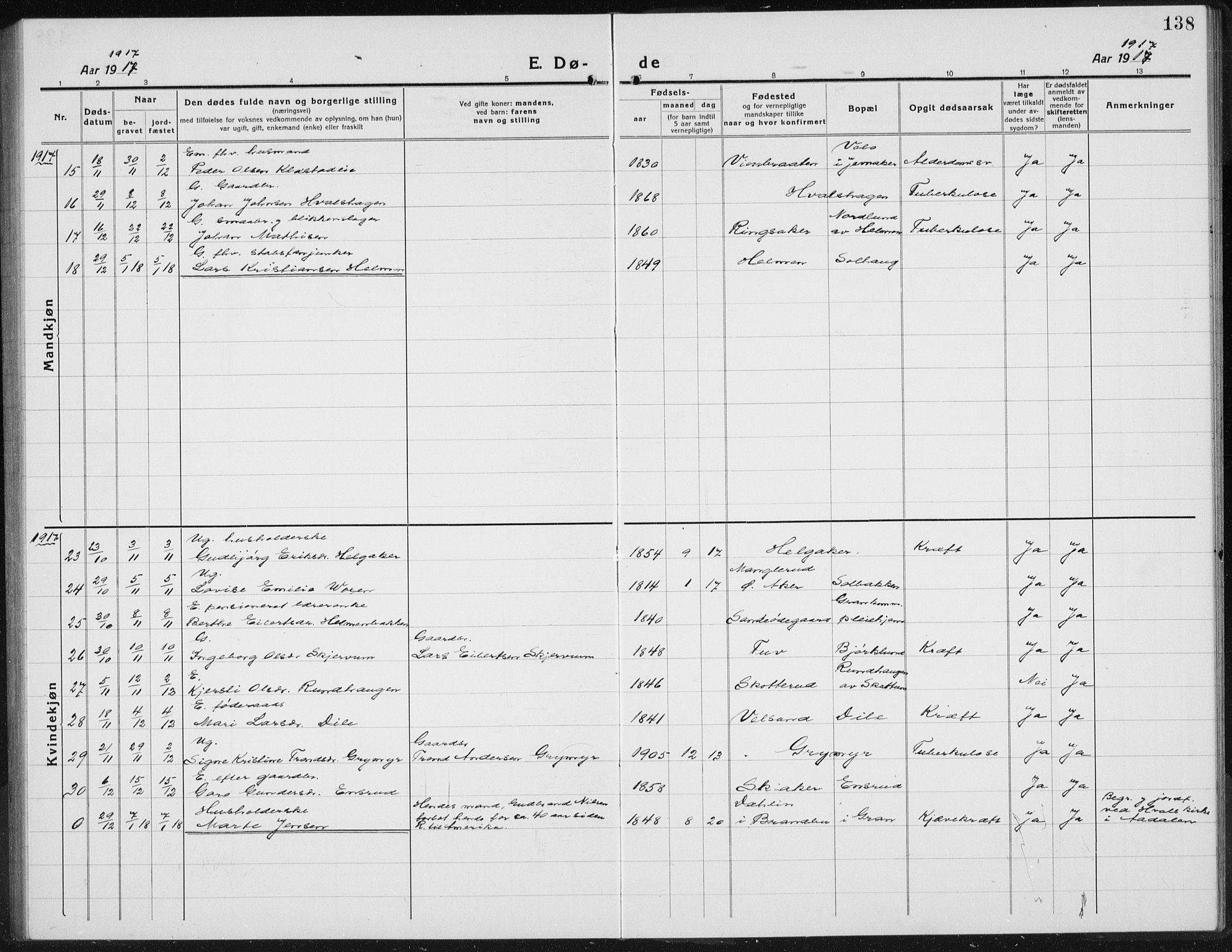 Gran prestekontor, SAH/PREST-112/H/Ha/Hab/L0008: Parish register (copy) no. 8, 1917-1935, p. 138