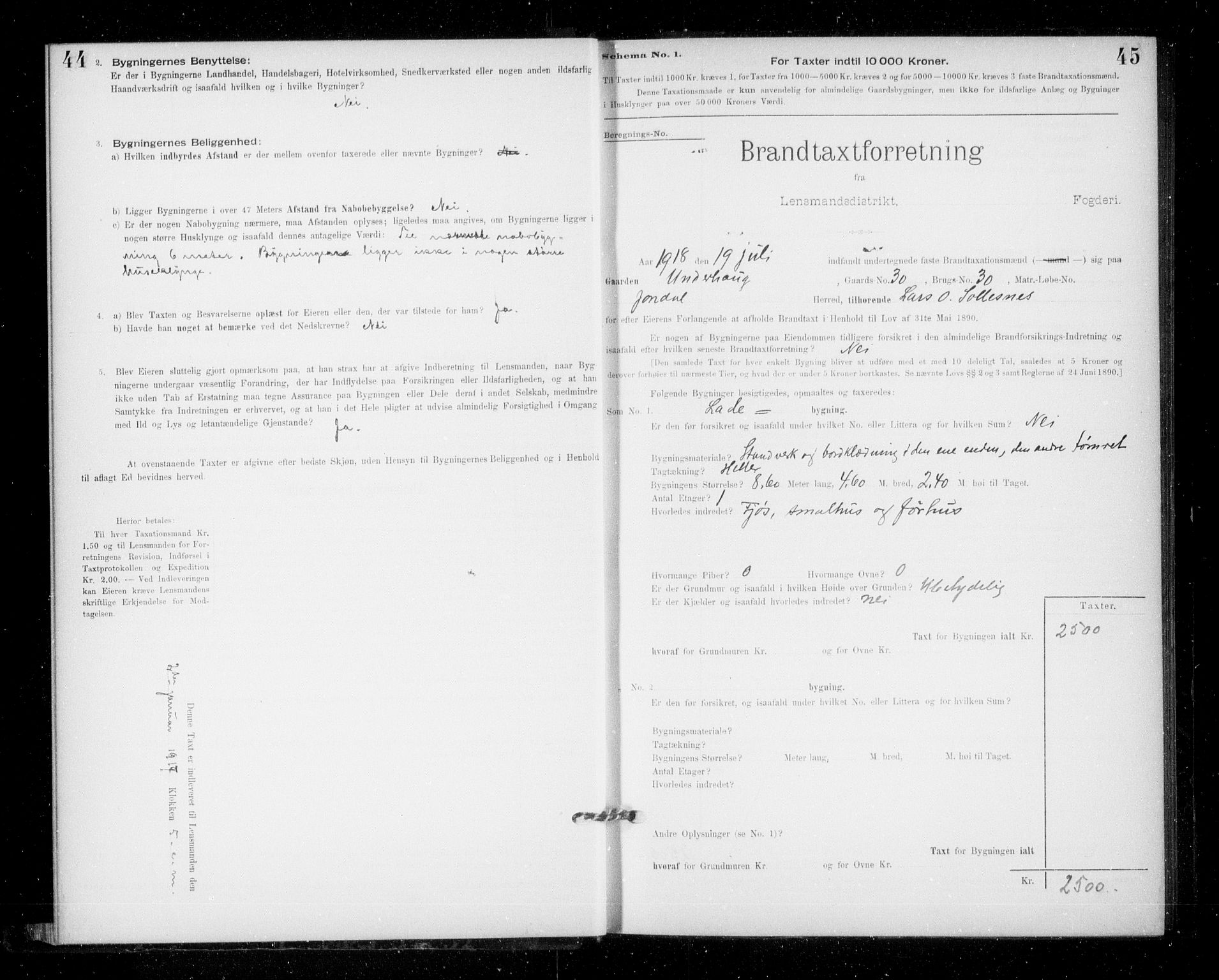 Lensmannen i Jondal, SAB/A-33101/0012/L0005: Branntakstprotokoll, skjematakst, 1894-1951, p. 44-45